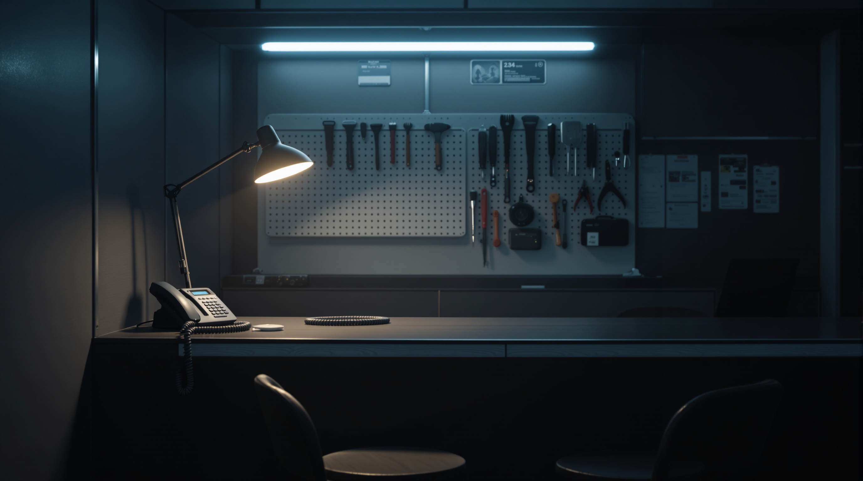 Empty reception desk with a telephone and lamp