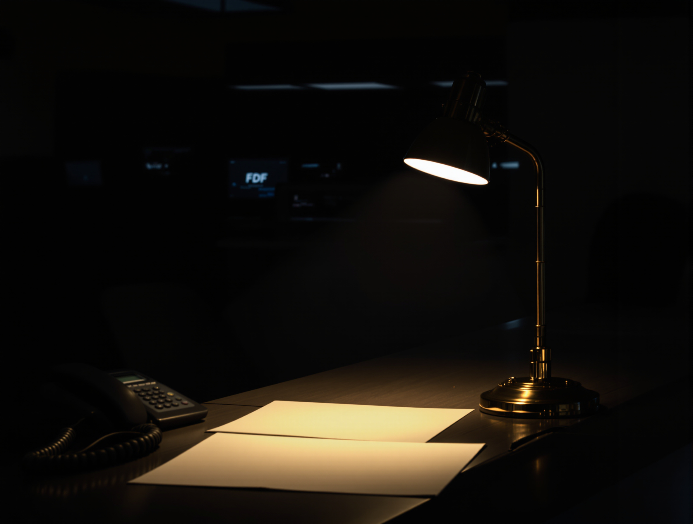 A warm-lit reception desk after hours with a single lamp on