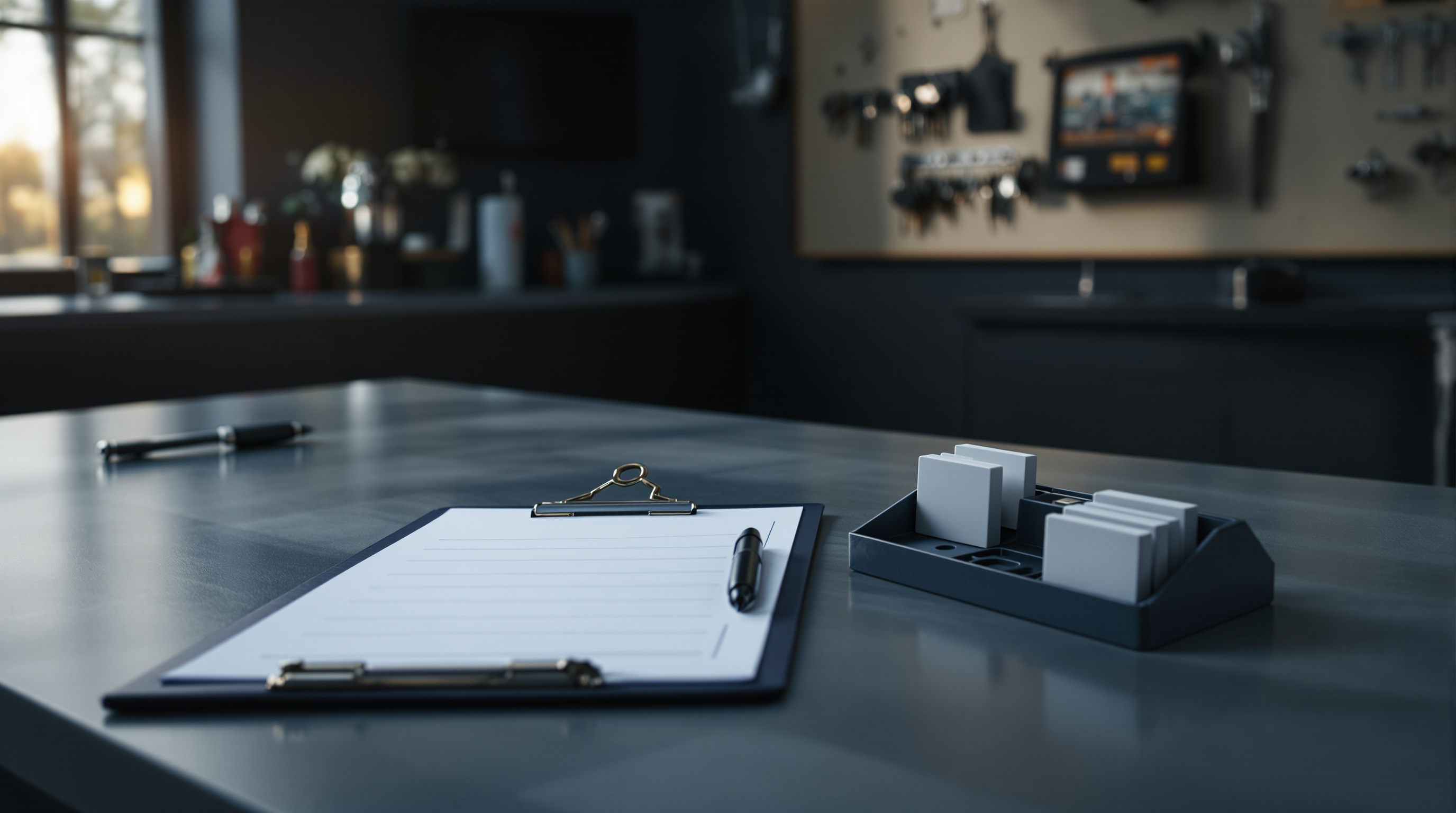 A quiet reception desk after hours with a warm lamp and a phone