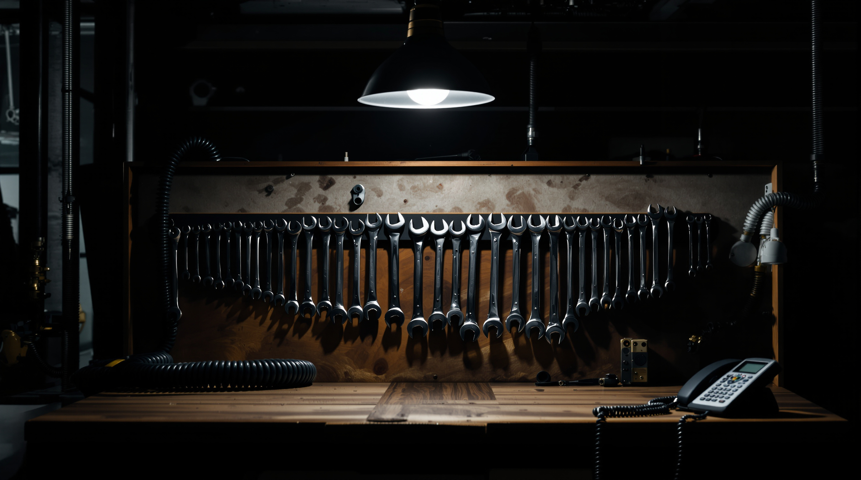 A workbench at night with wrenches laid out and a desk phone at the edge