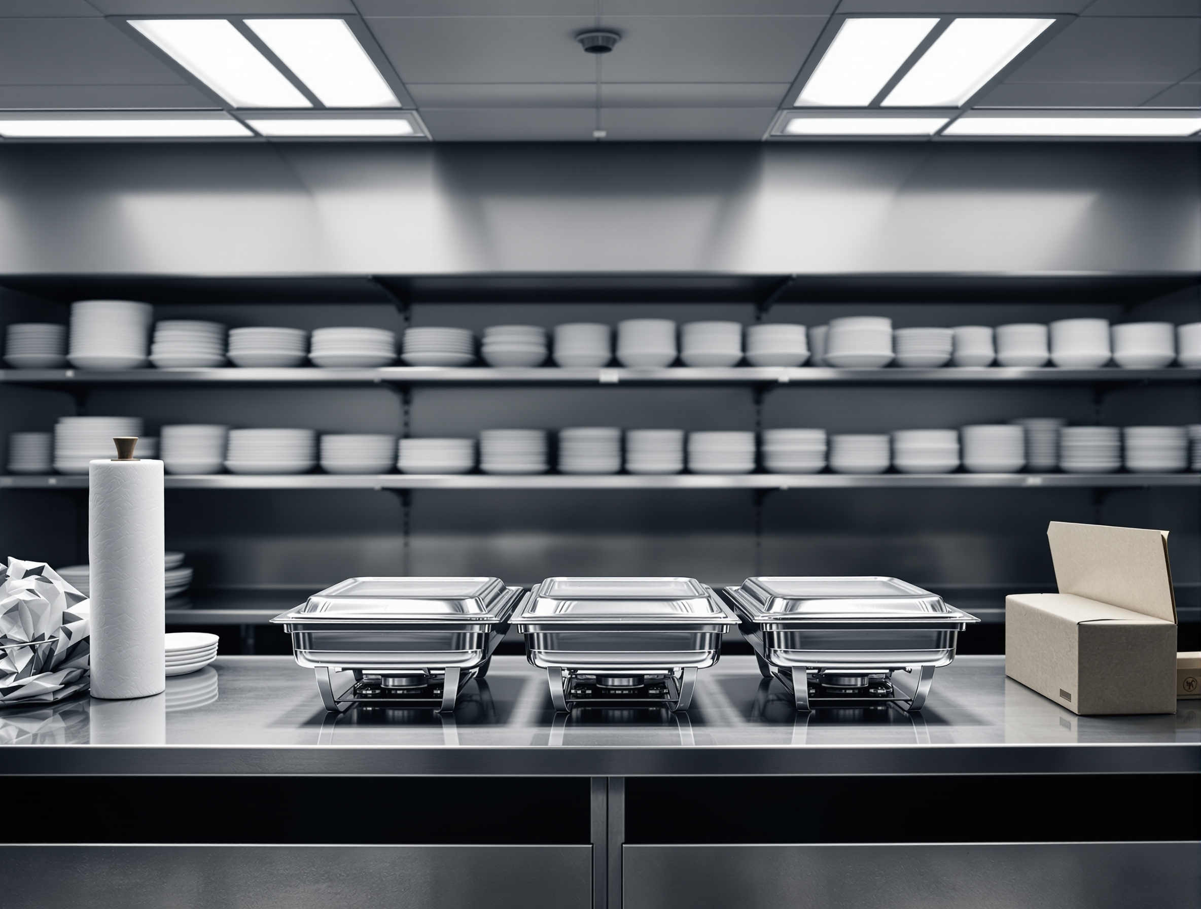 A stainless steel prep table with a stack of chafing dishes and a roll of aluminum foil