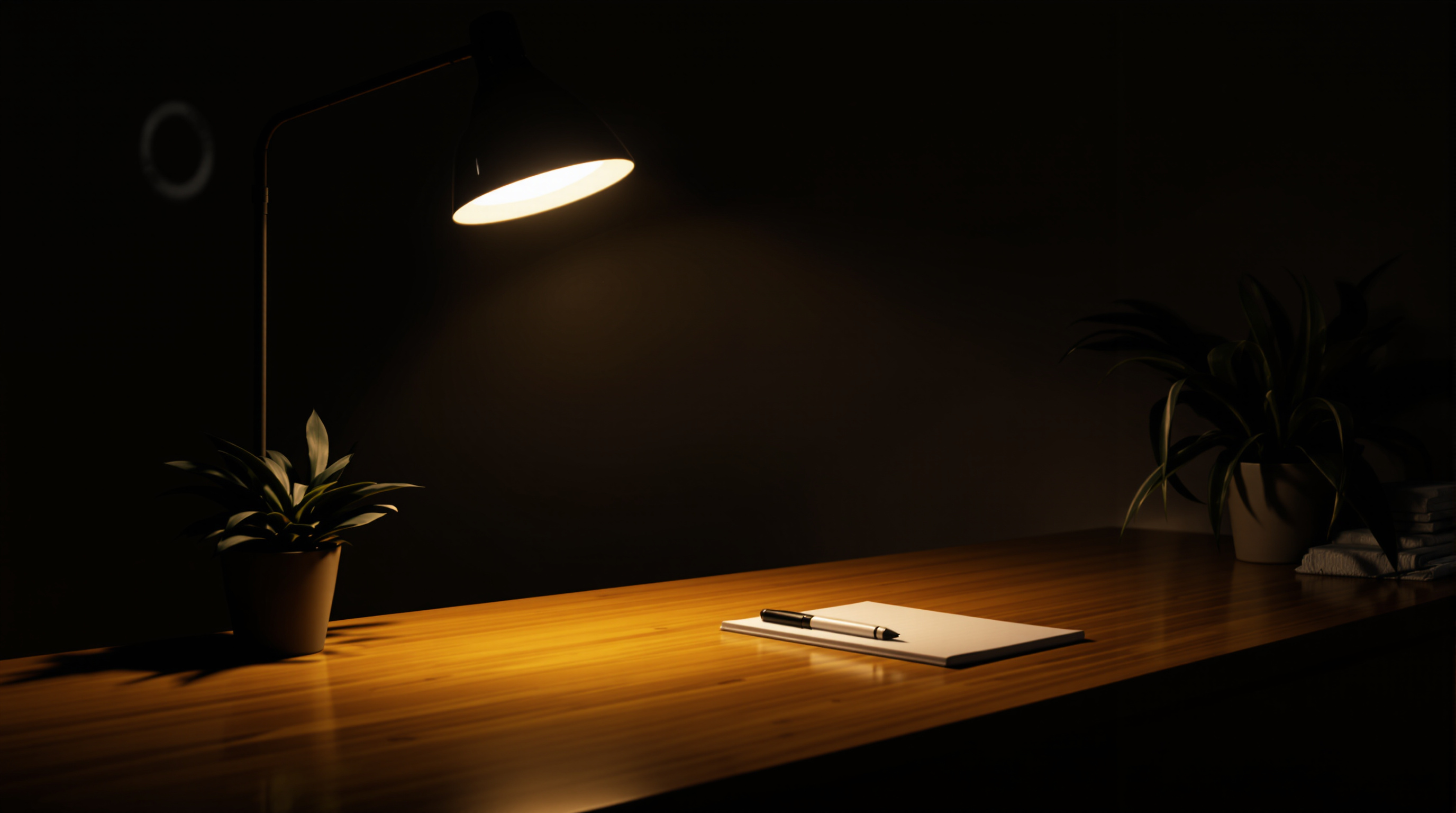 Empty reception desk with a warm lamp and a phone