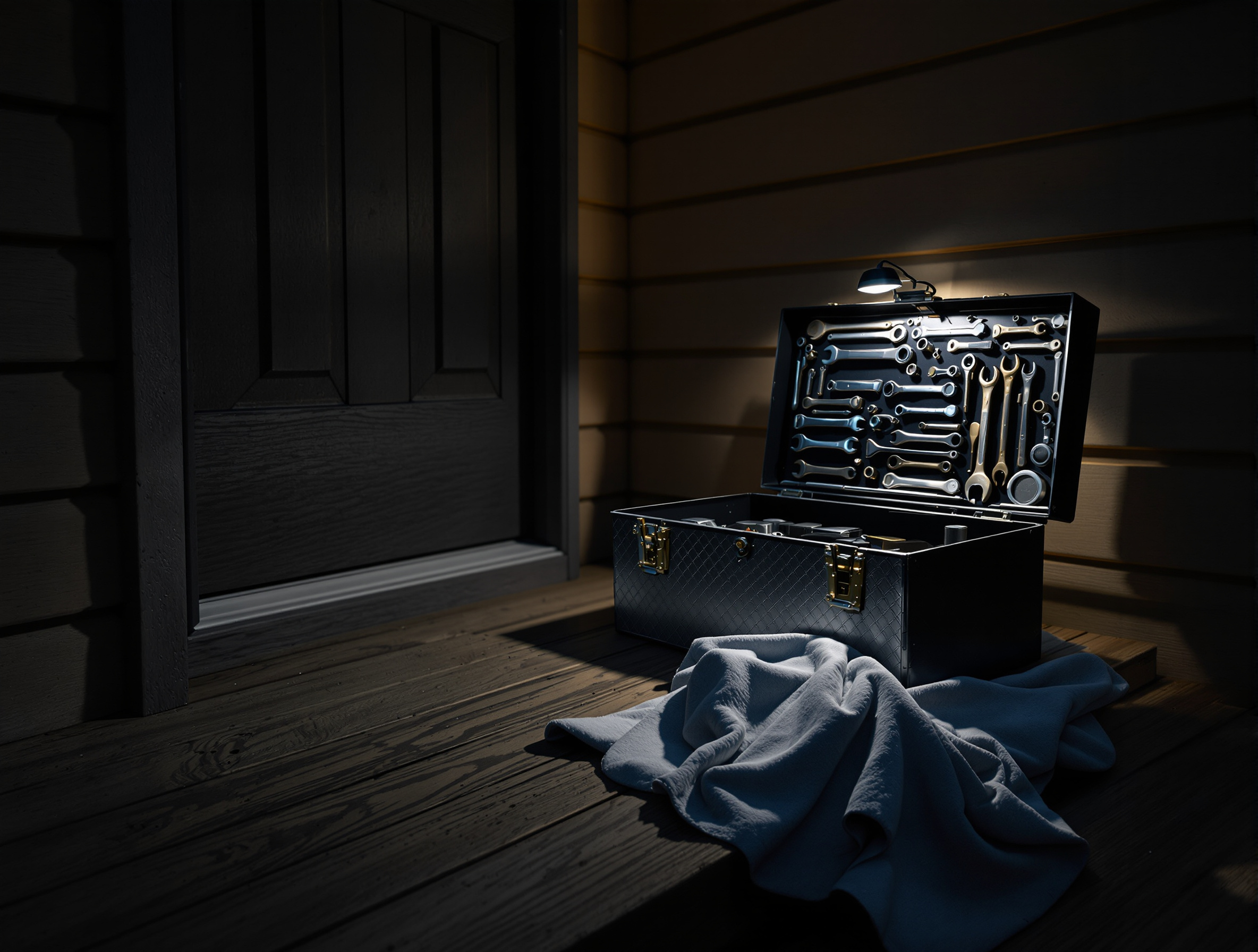 Open toolbox on a porch step at dusk