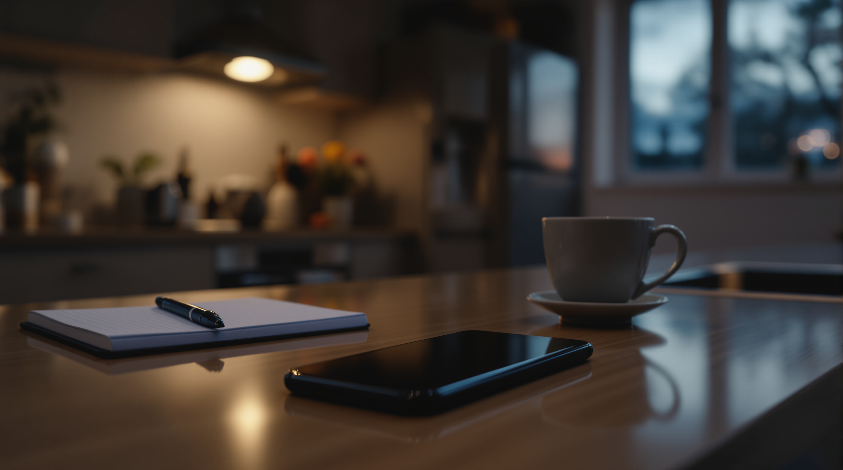 A quiet reception desk after hours, one warm lamp lit