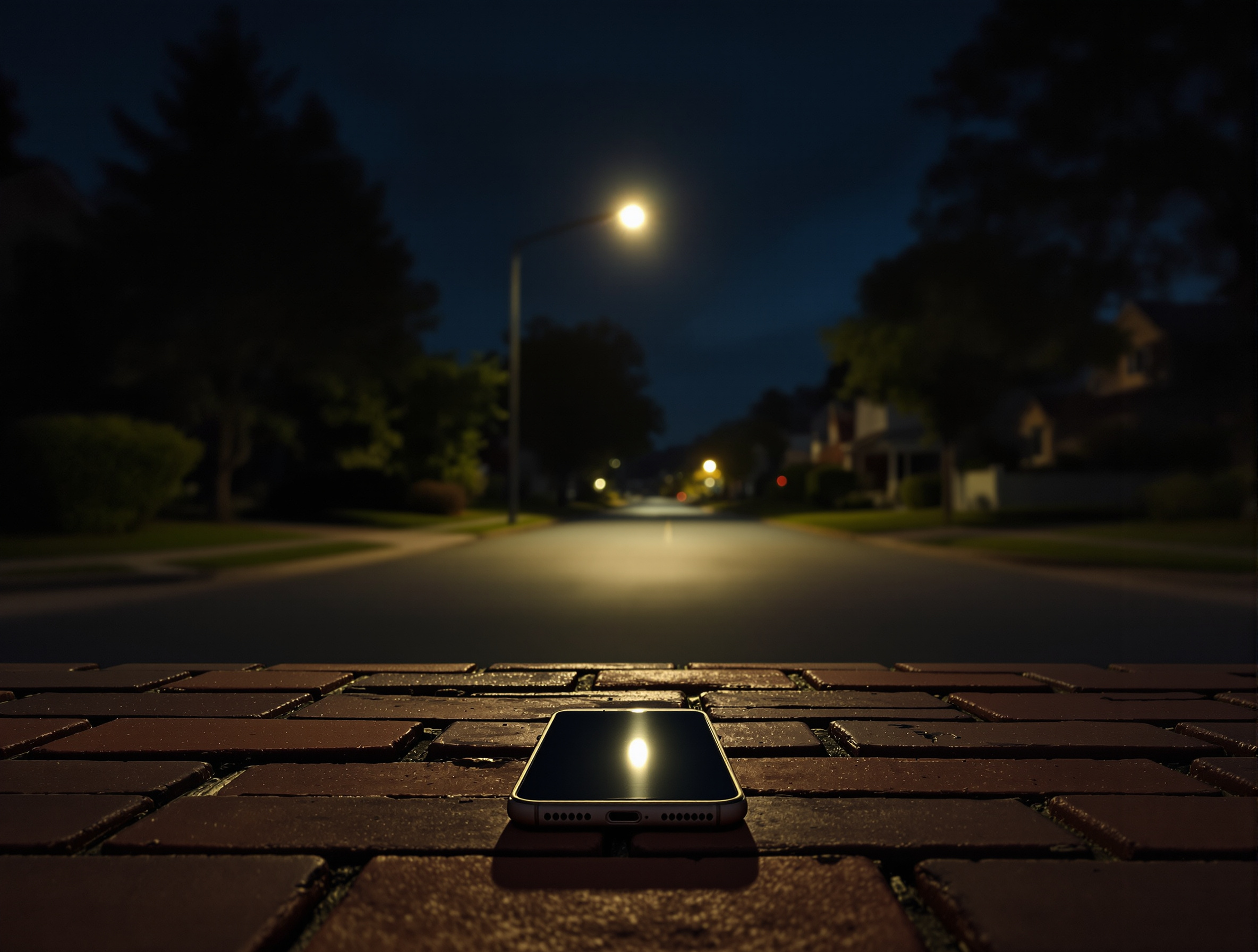 A wide empty street at midnight with a single porch light on a house, a phone in the foreground on a low wall