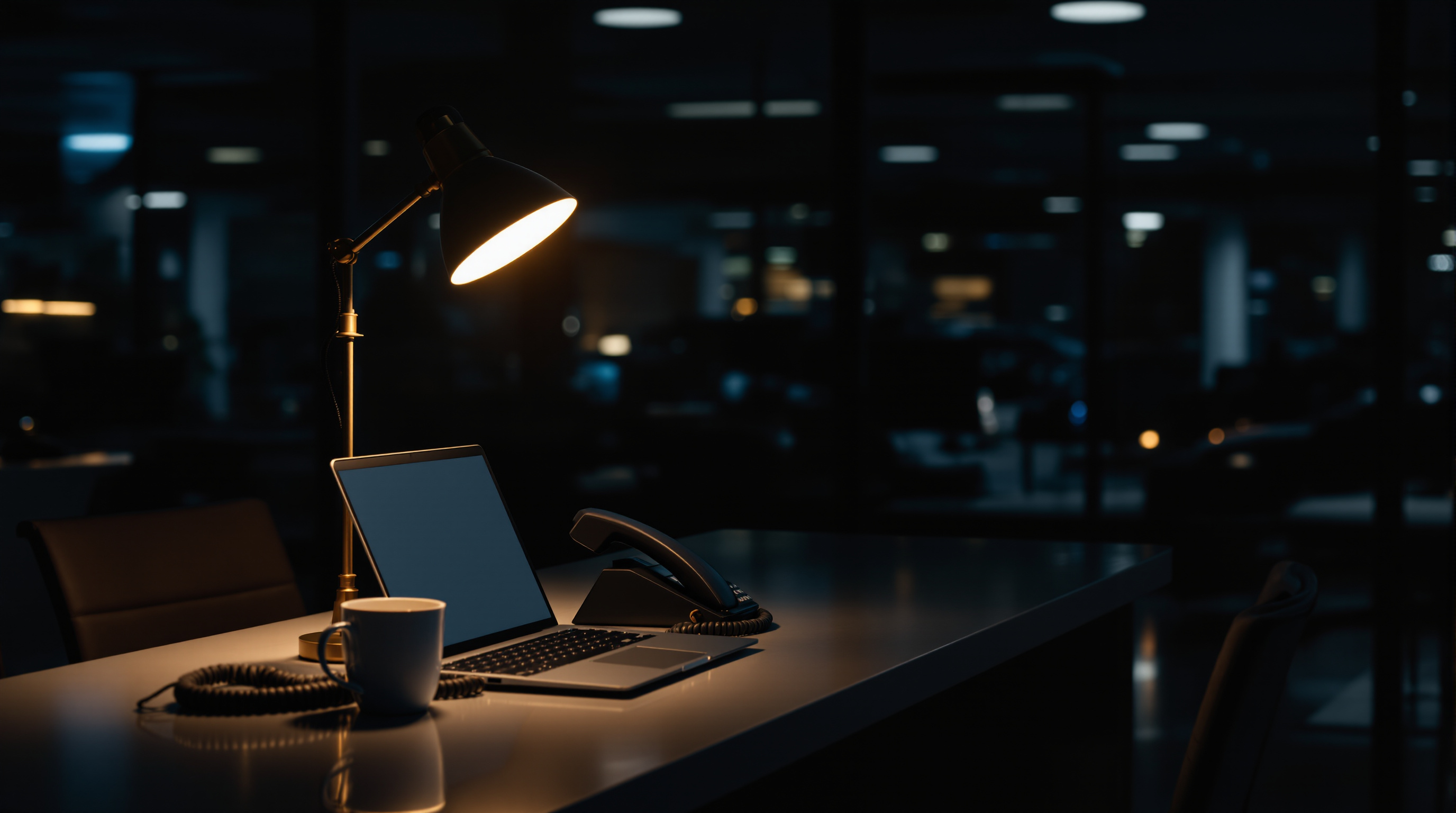 Empty dealership showroom at night, cars visible through glass, one desk lamp on