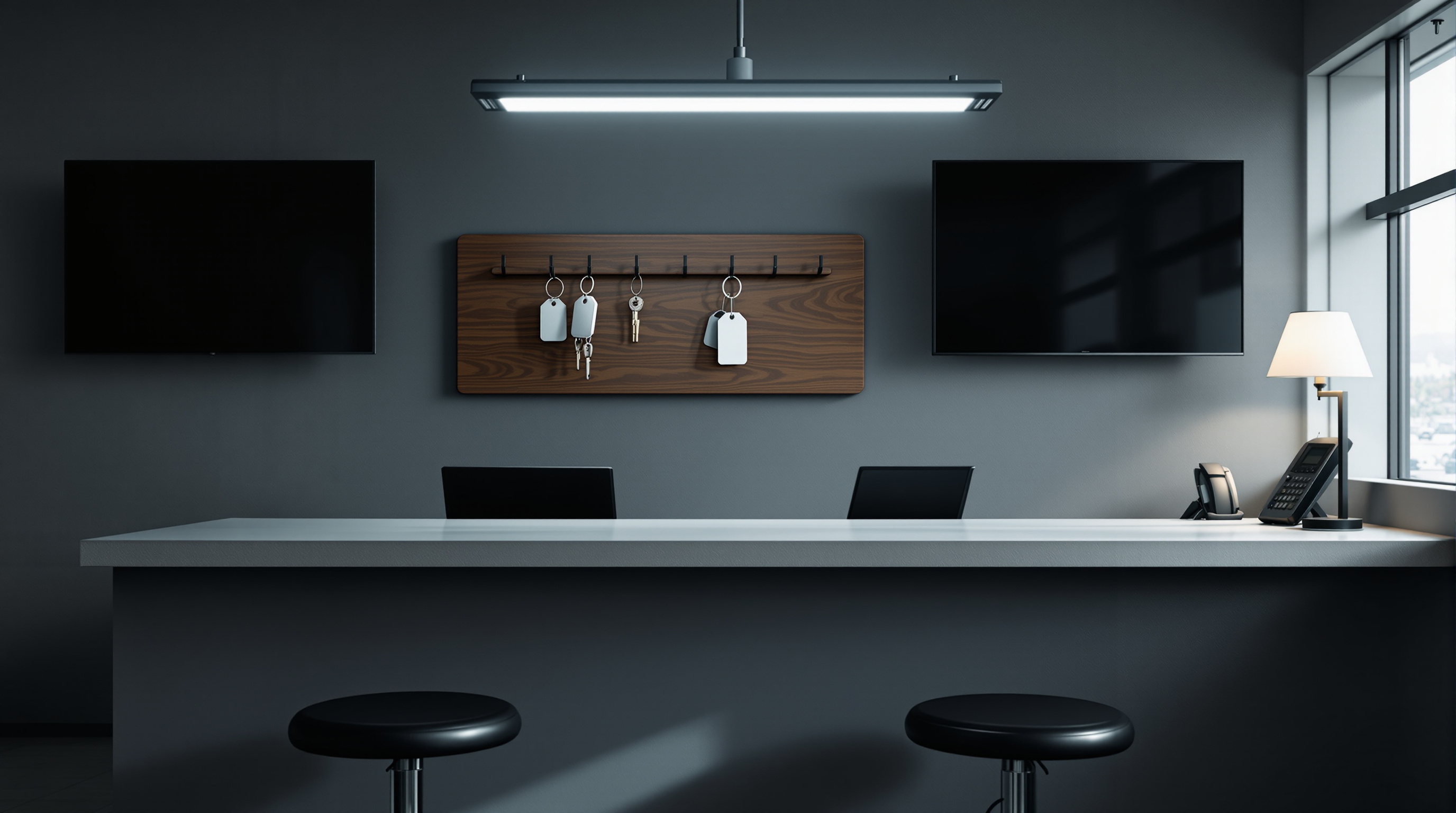 Key rack behind a sales desk, keys hanging in order, a phone on the counter