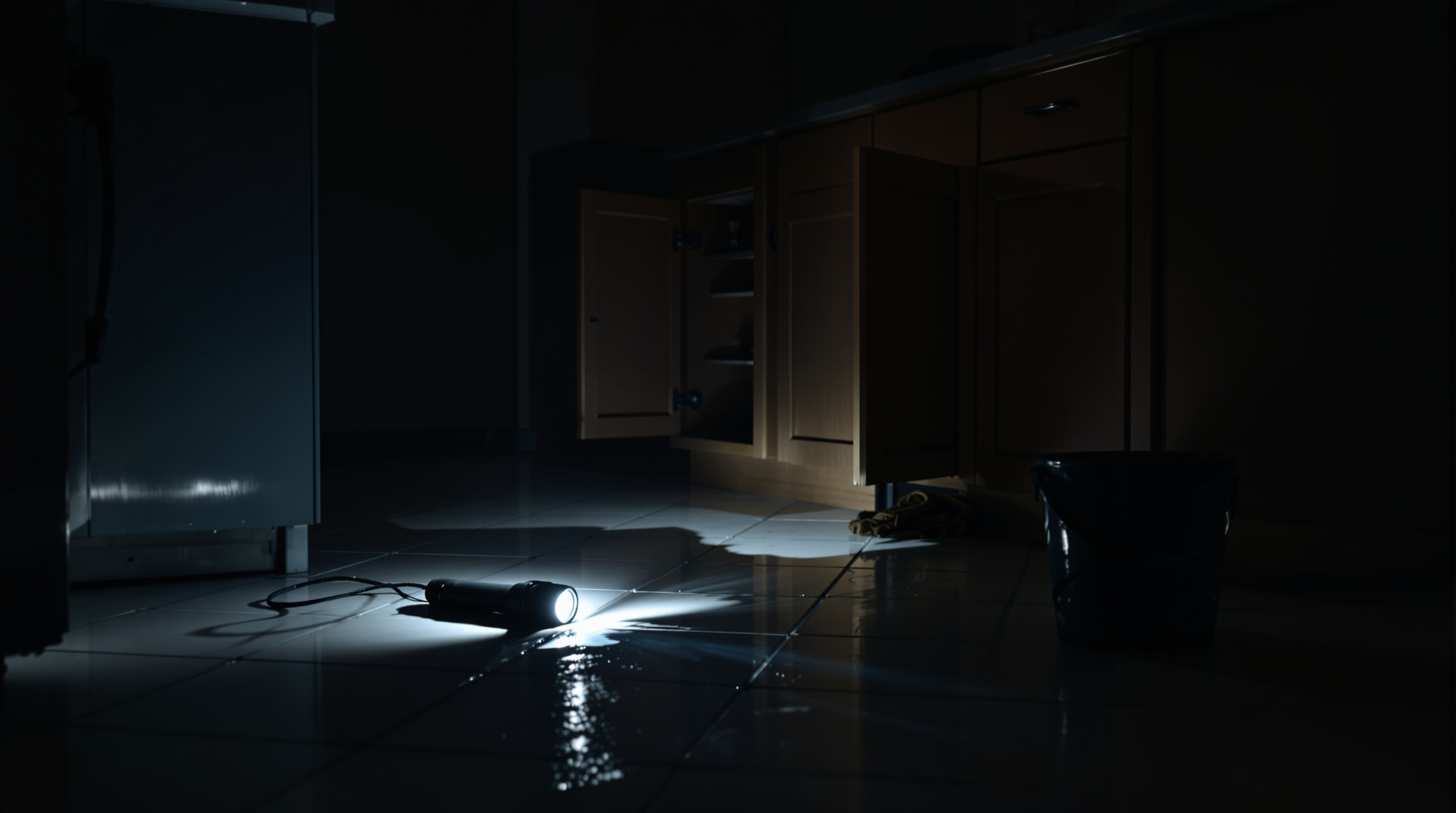 A dark residential street at 2am, one house with a porch light on, a plumbing work van parked in the driveway with no visible branding