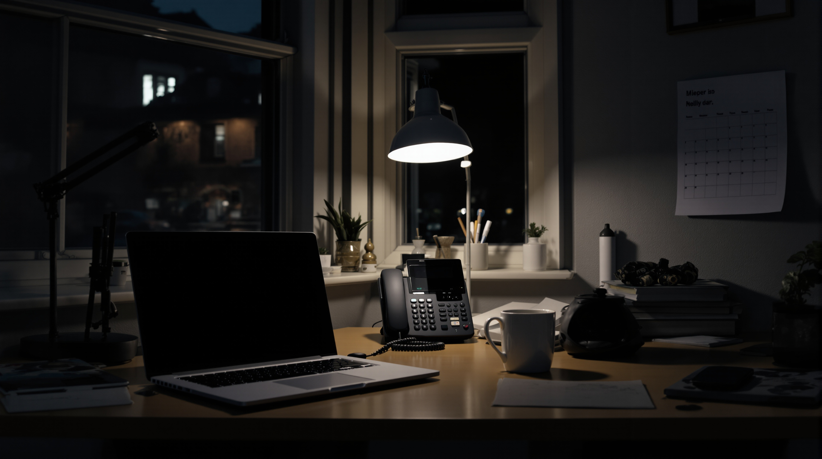 A quiet home office at night, a single desk lamp on, a laptop with a dark screen, a coffee mug, a notebook and pen