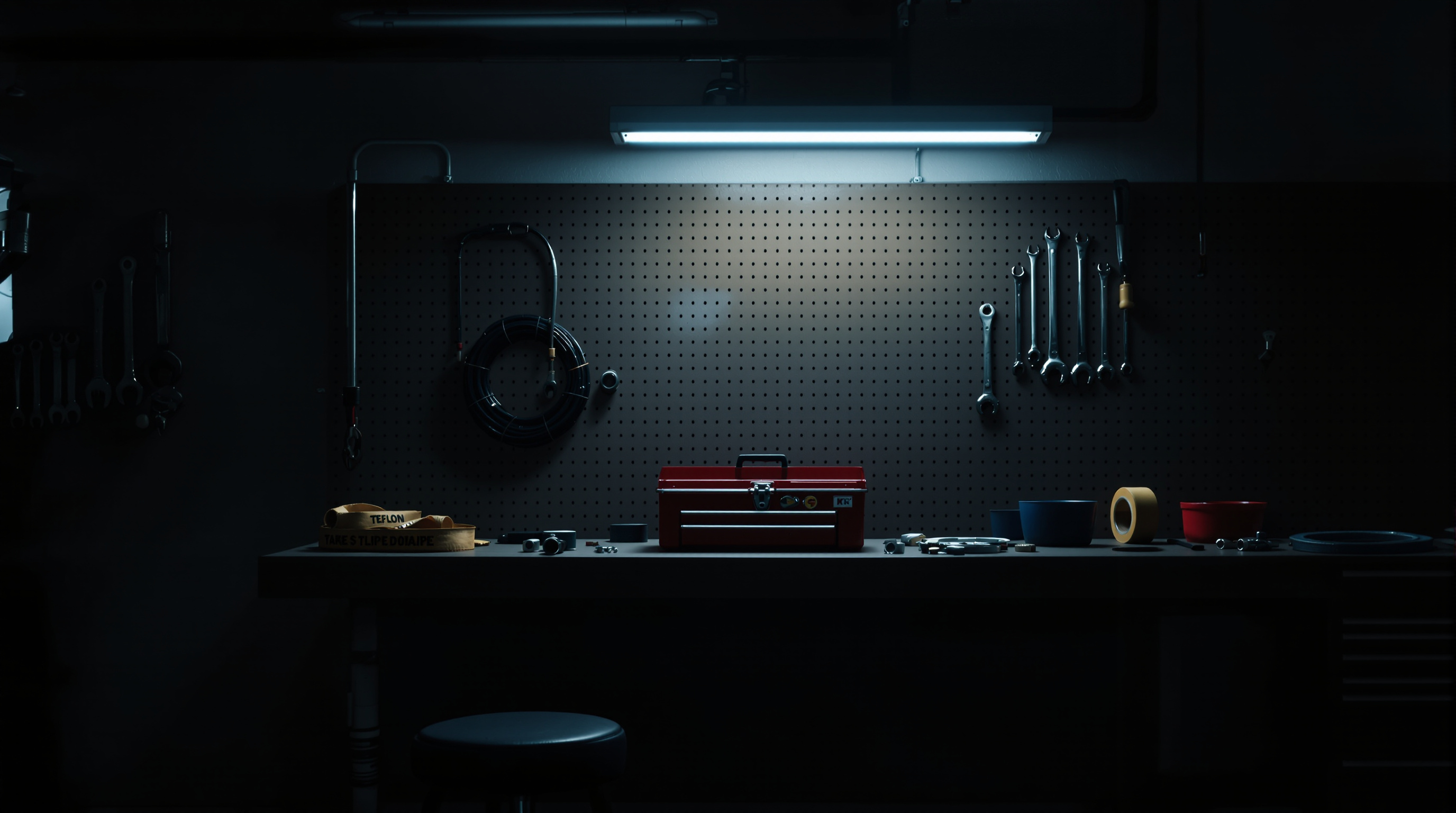A dimly lit hallway in a house, a small puddle of water on the floor near a baseboard, a flashlight on the floor pointing at the puddle