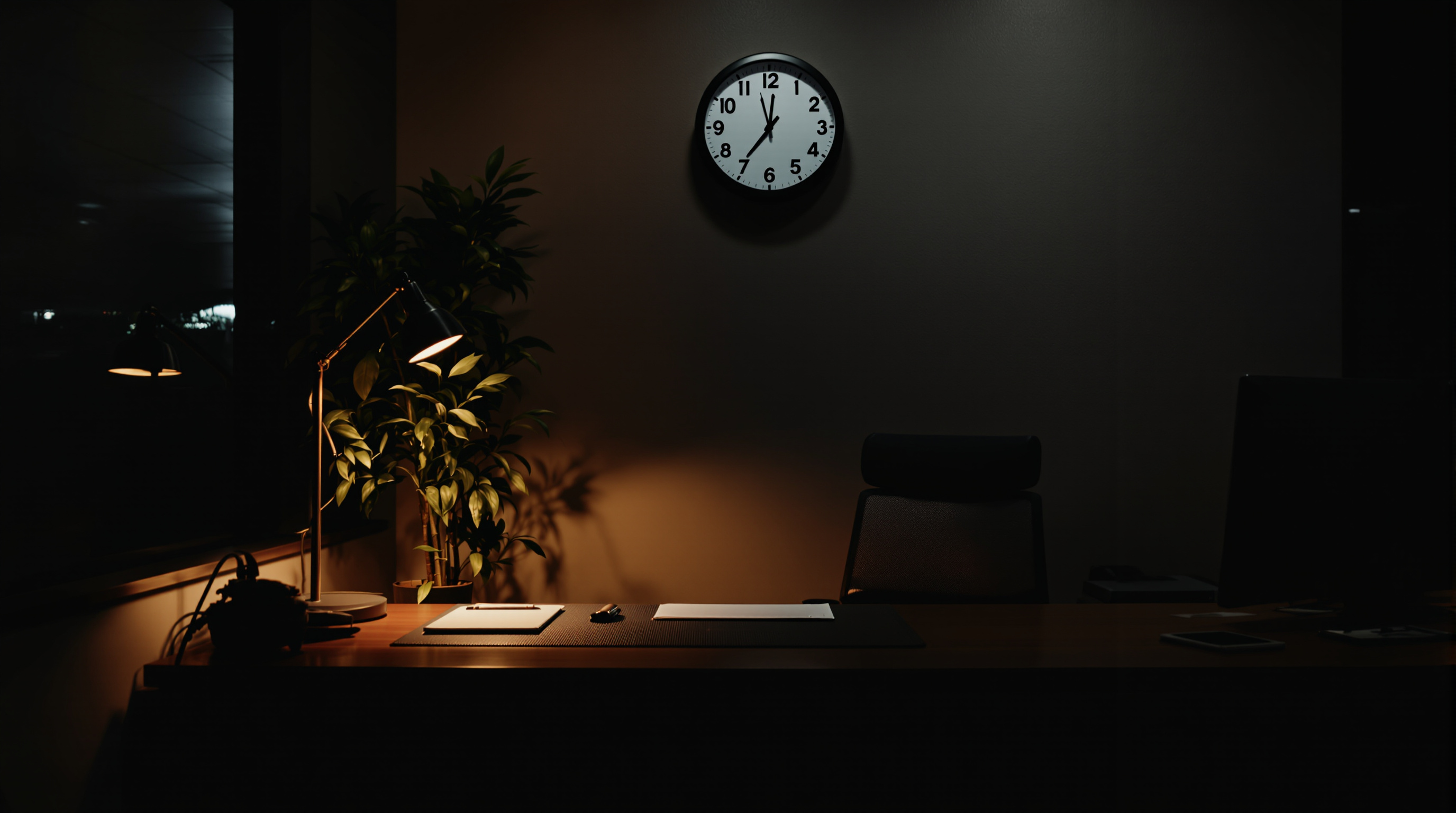 A darkened office hallway with a single lamp on a reception desk