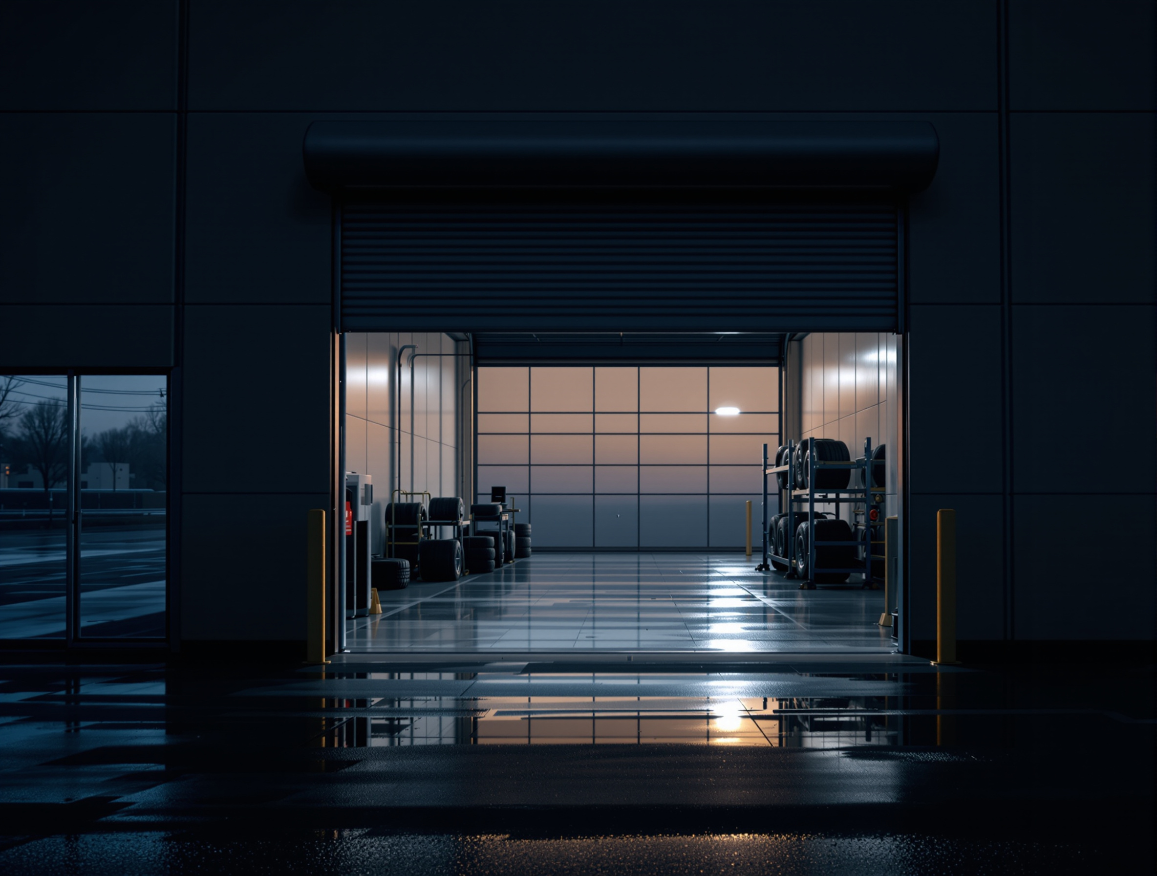 Service drive entrance with a bay door open and a work light glowing