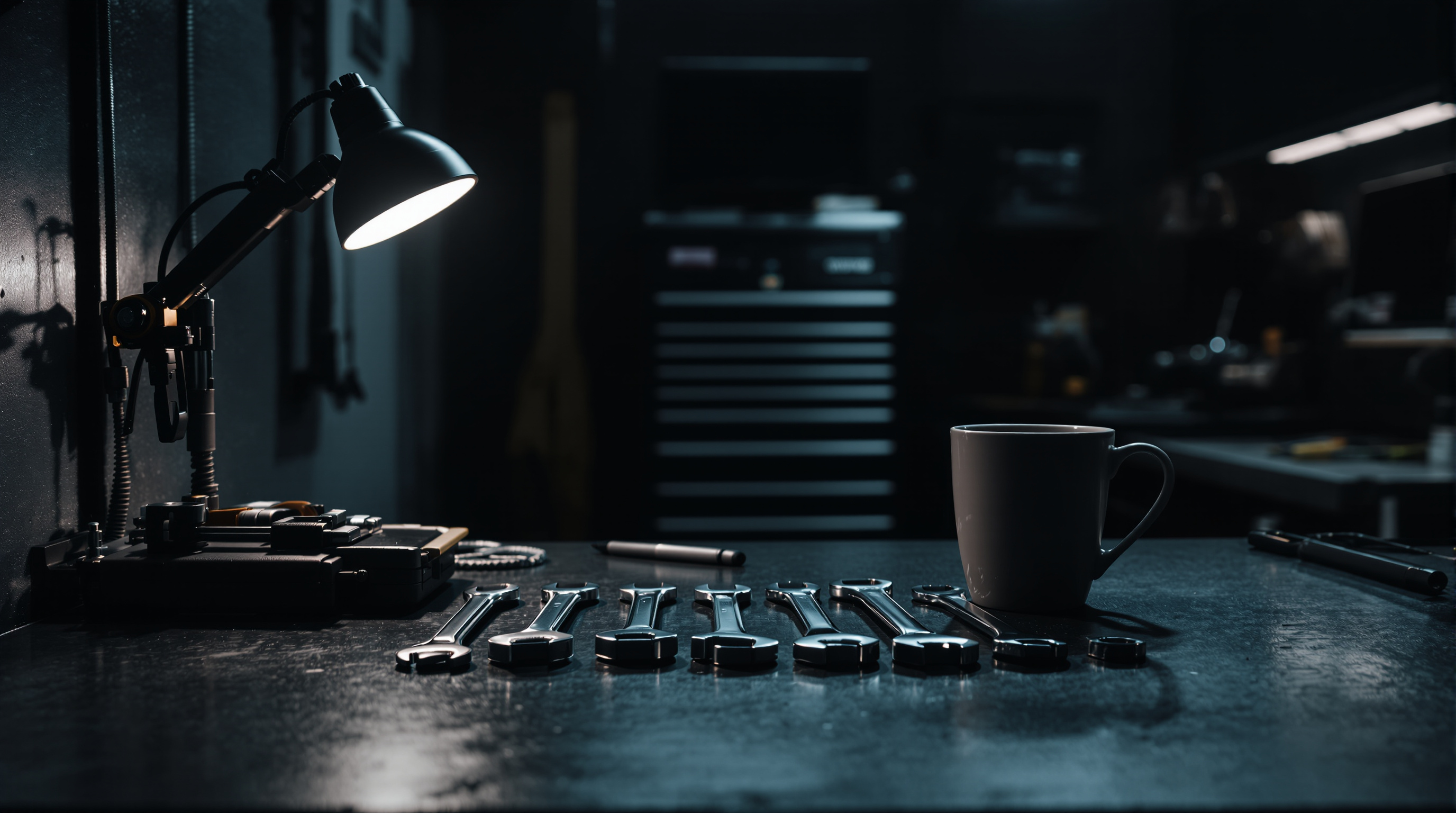 A quiet dealership reception desk with a phone and a coffee cup, warm lamp light