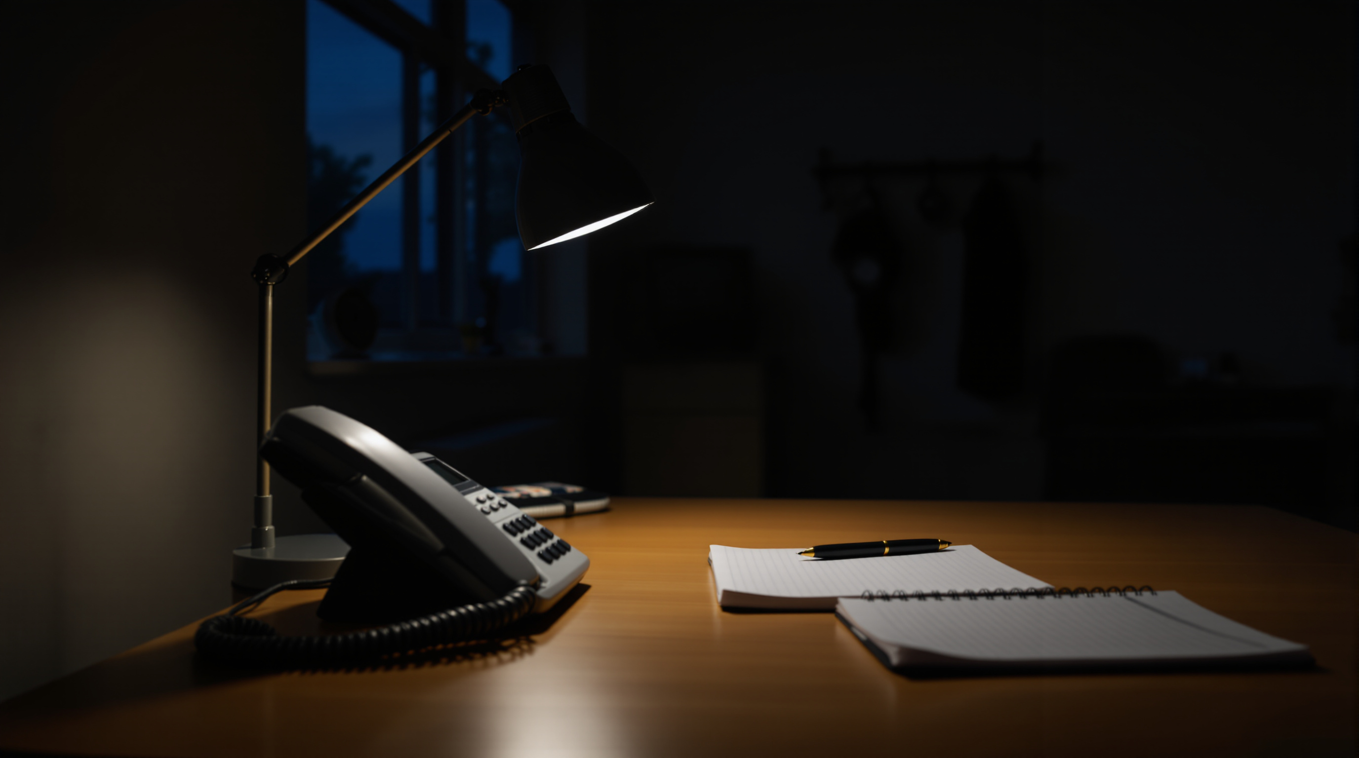 A quiet reception desk after hours with a warm lamp on