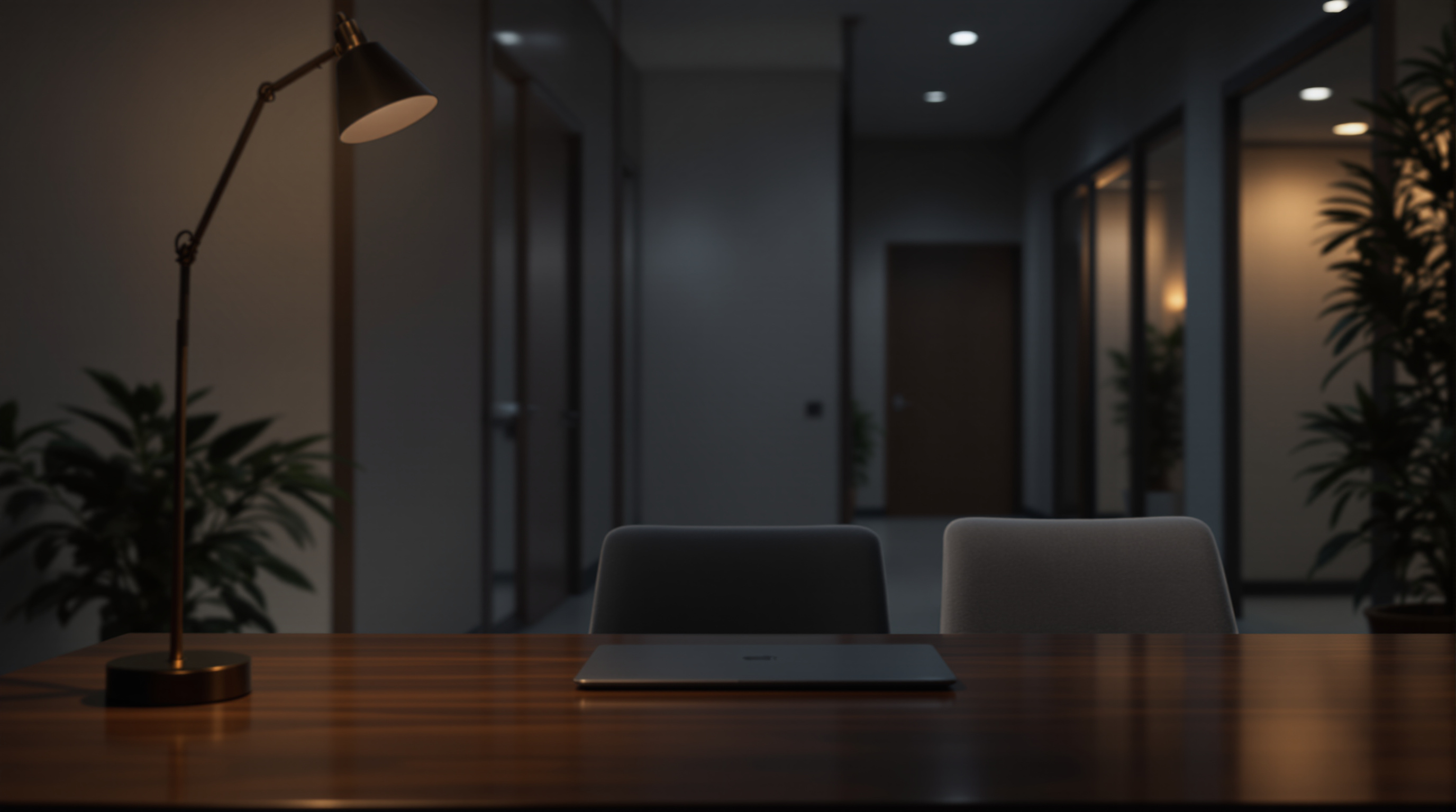 Empty law office reception desk with a phone and lamp