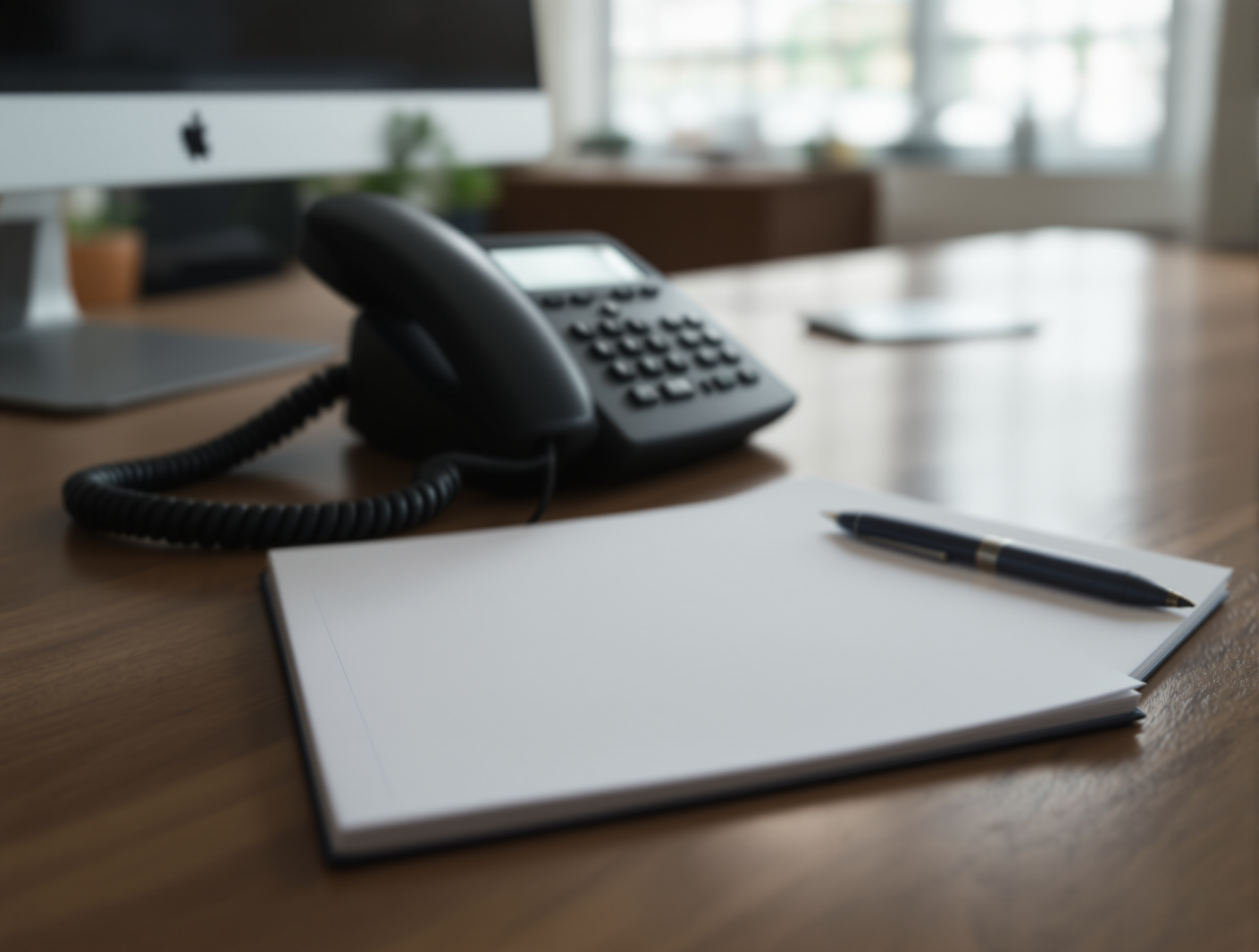 A clean phone handset on a desk with a notepad and pen, soft daylight