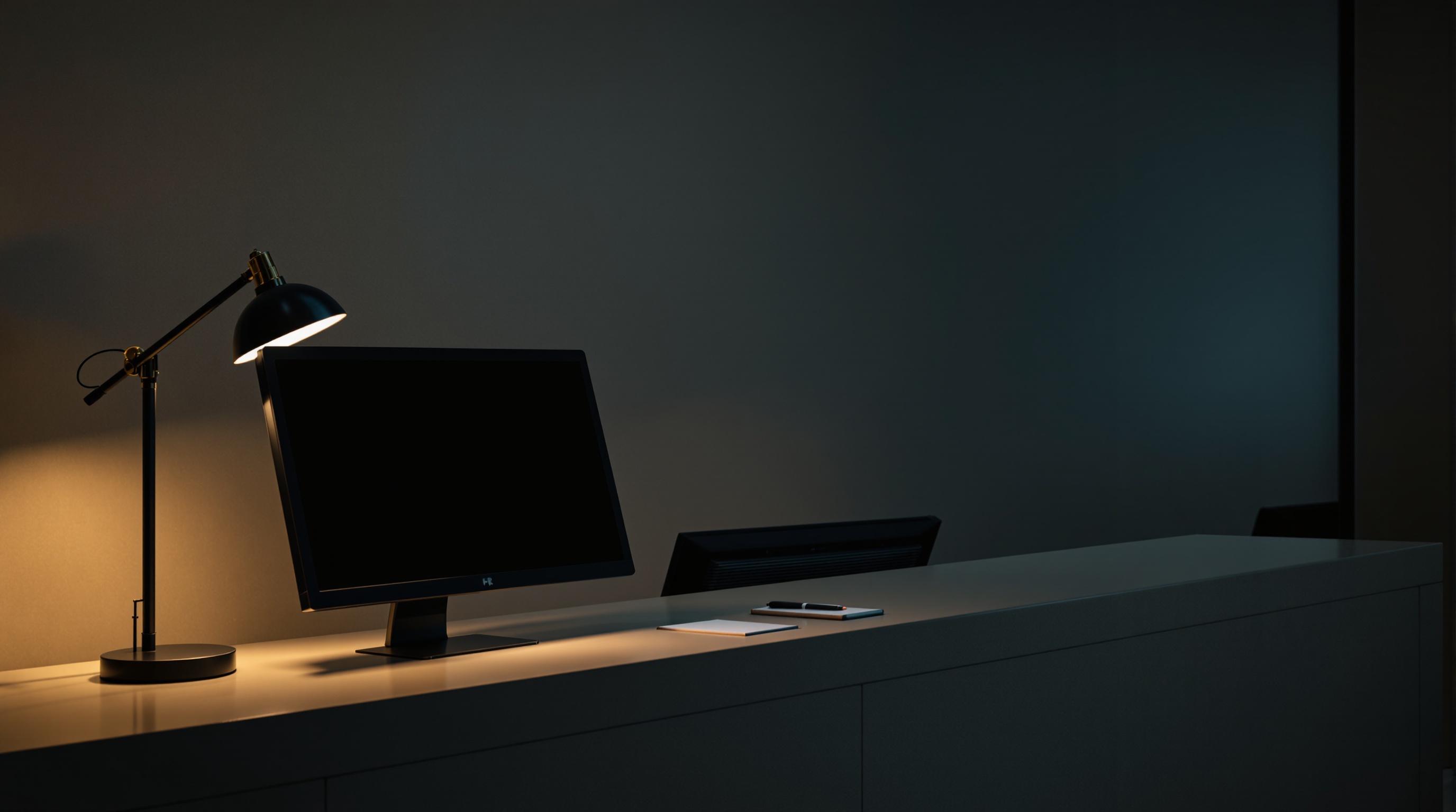 Empty reception desk with a warm lamp