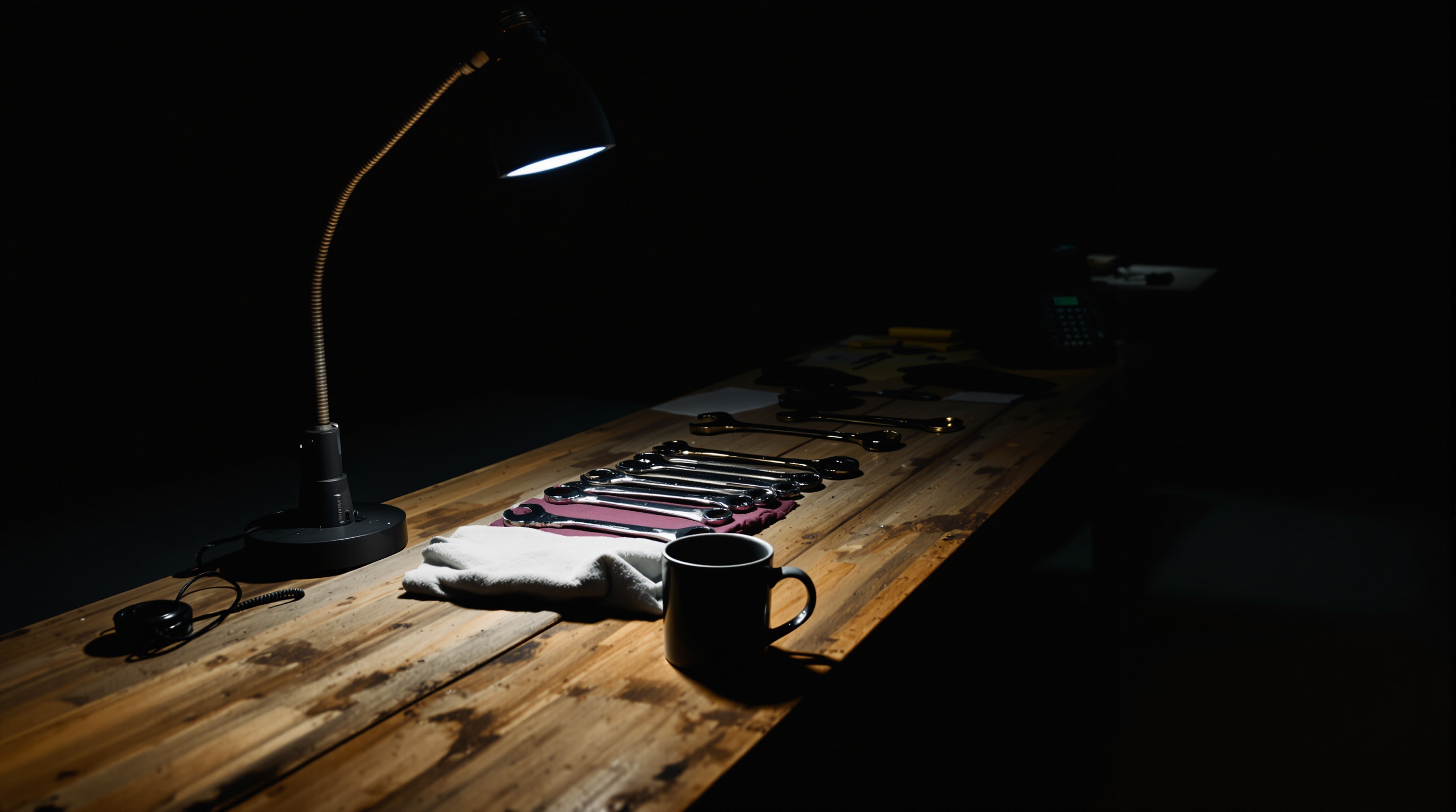 Roofing tools on a workbench at dusk
