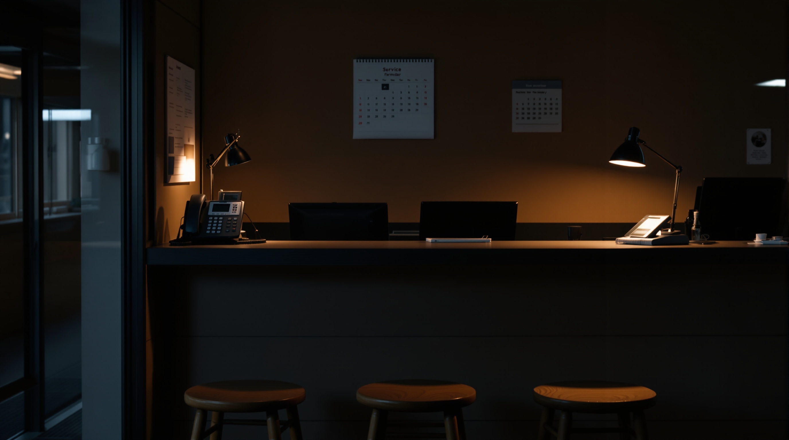 Empty reception desk at night with a warm desk lamp and a telephone