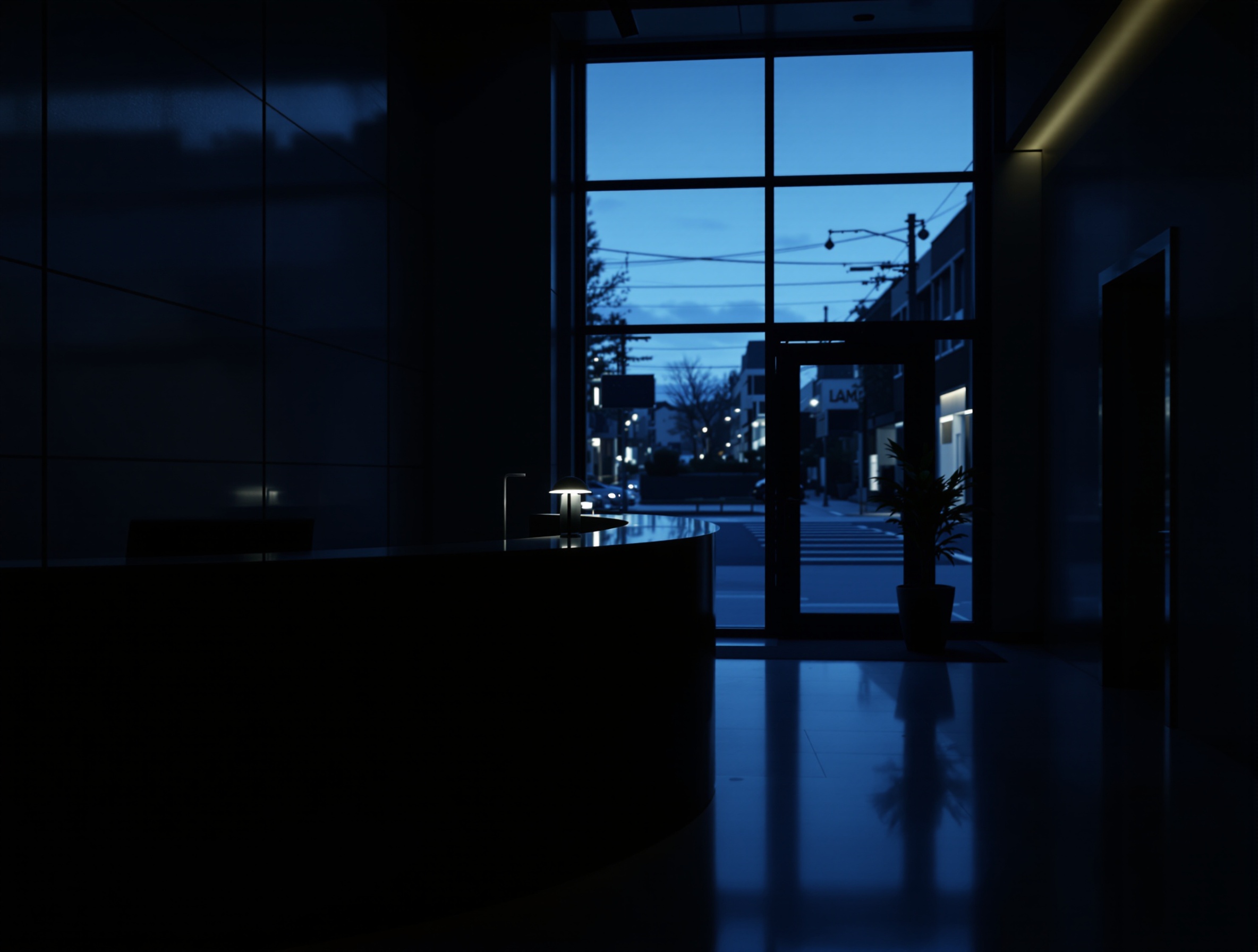 Wide shot of a dark reception area with a single lamp and an open doorway to the street