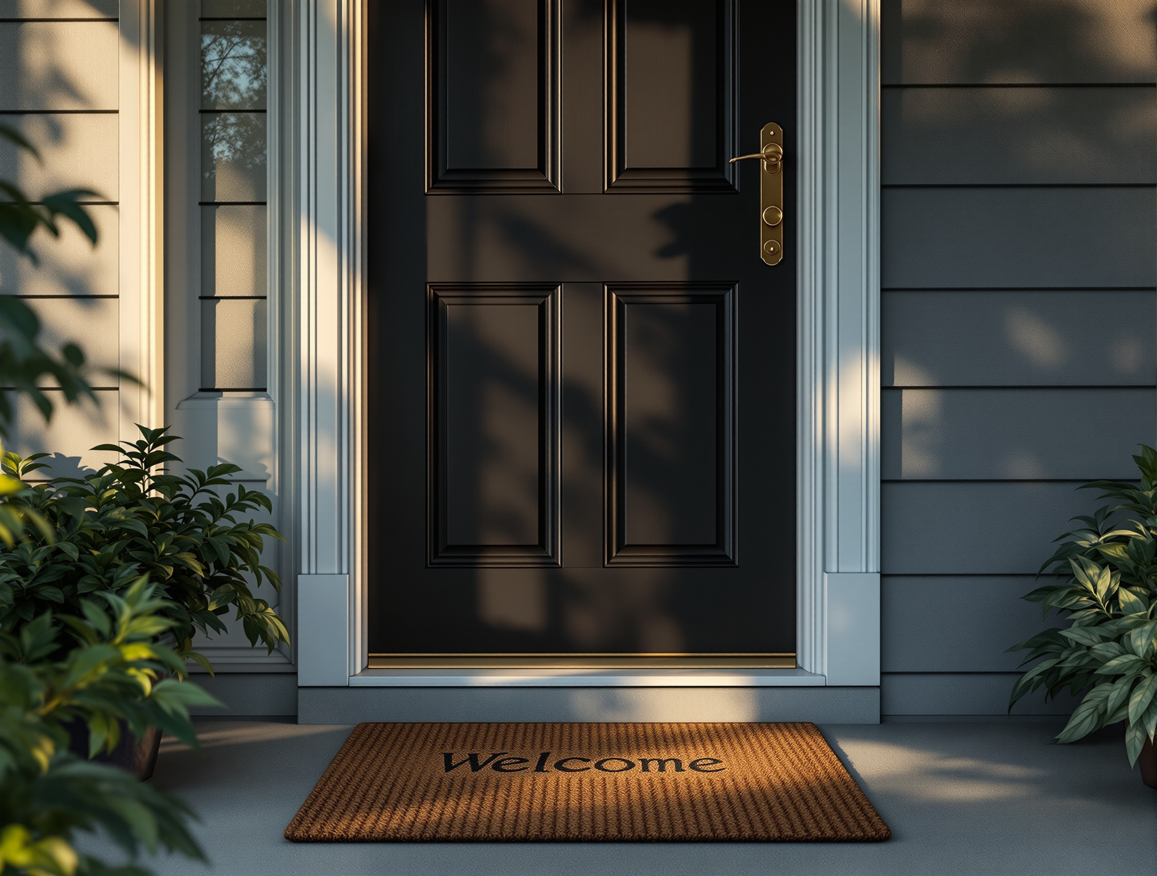 Front porch with a welcome mat and a doorbell
