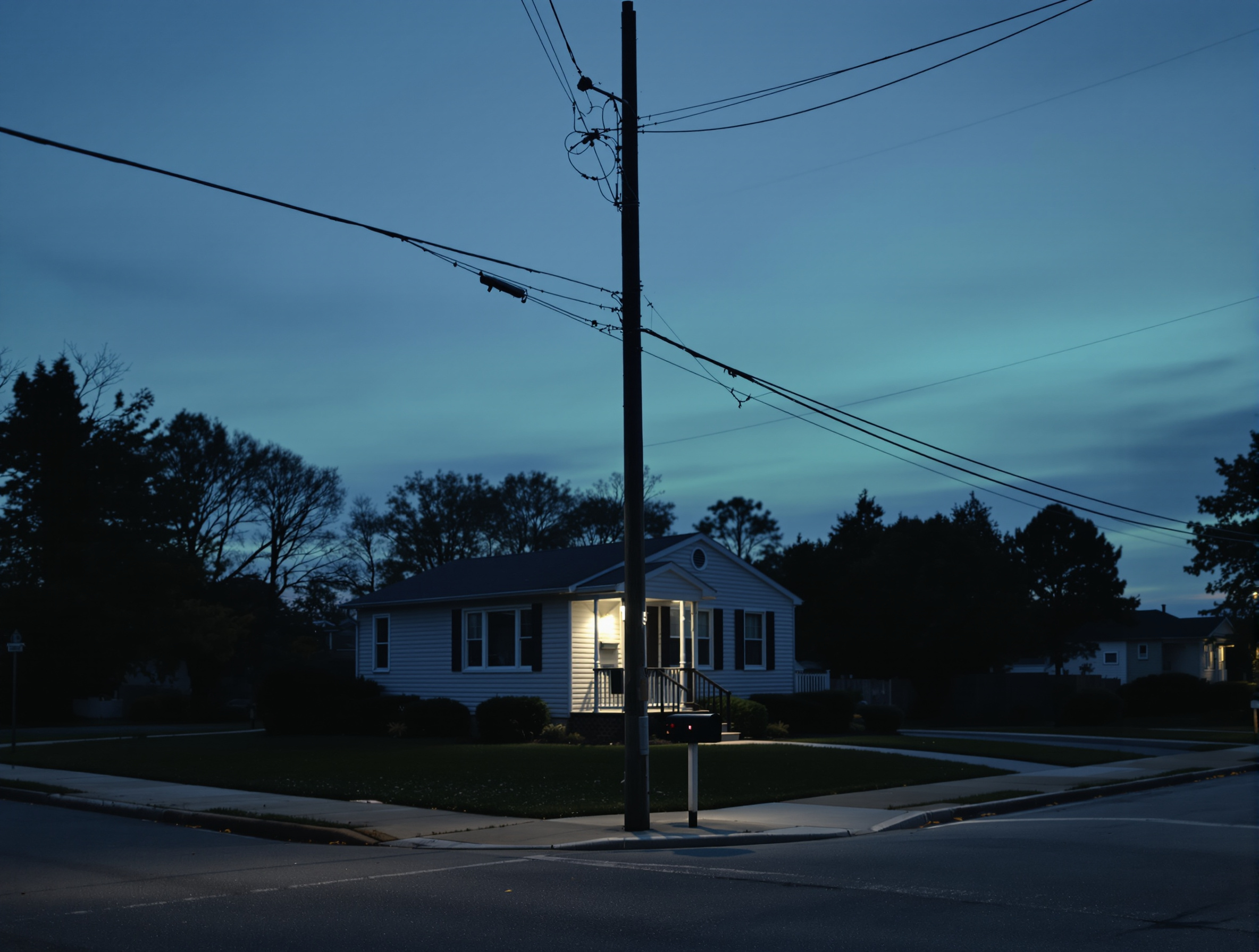 A residential street corner at dusk with a single porch light on
