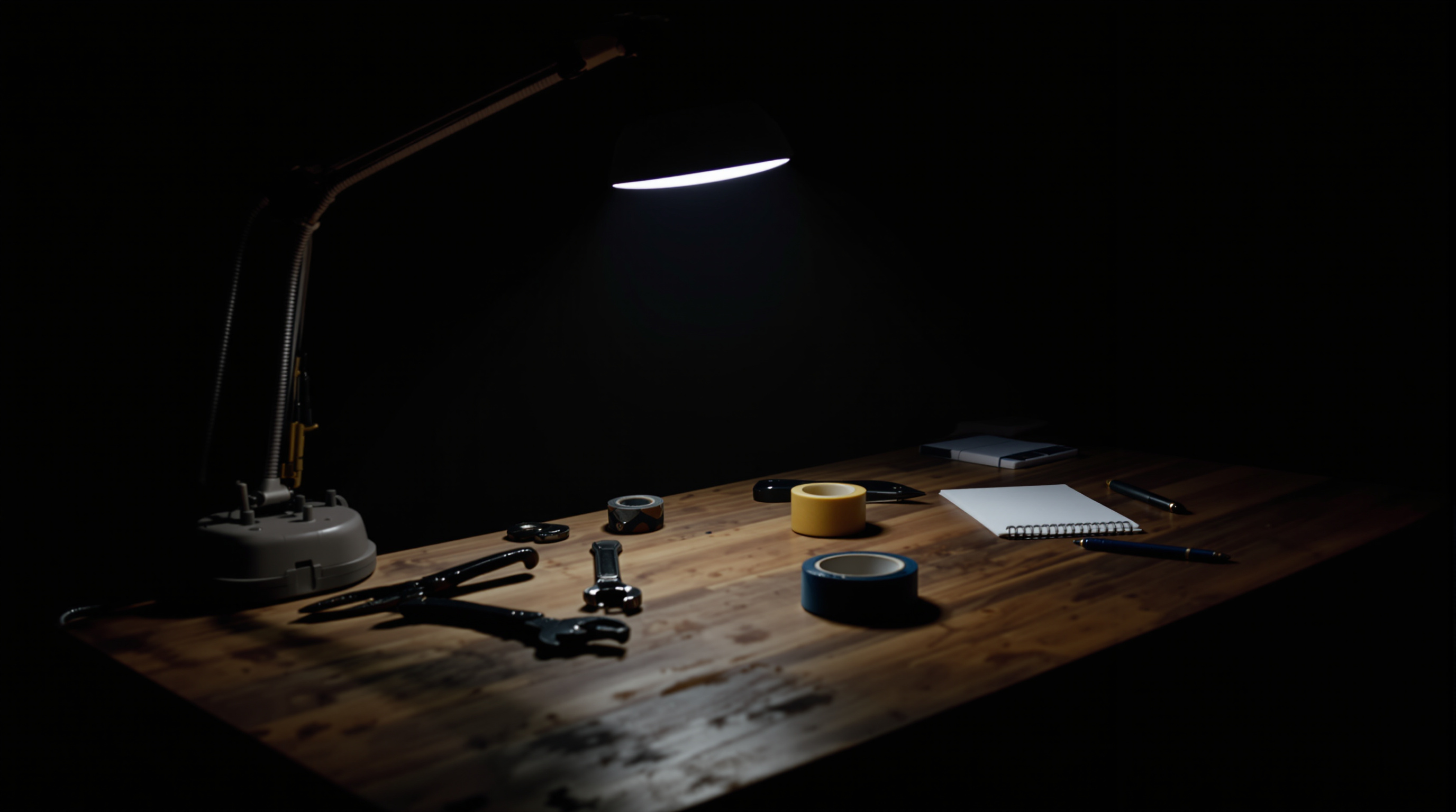 A contractor's workbench after hours, with a cordless drill and a coiled tape measure on a wooden surface