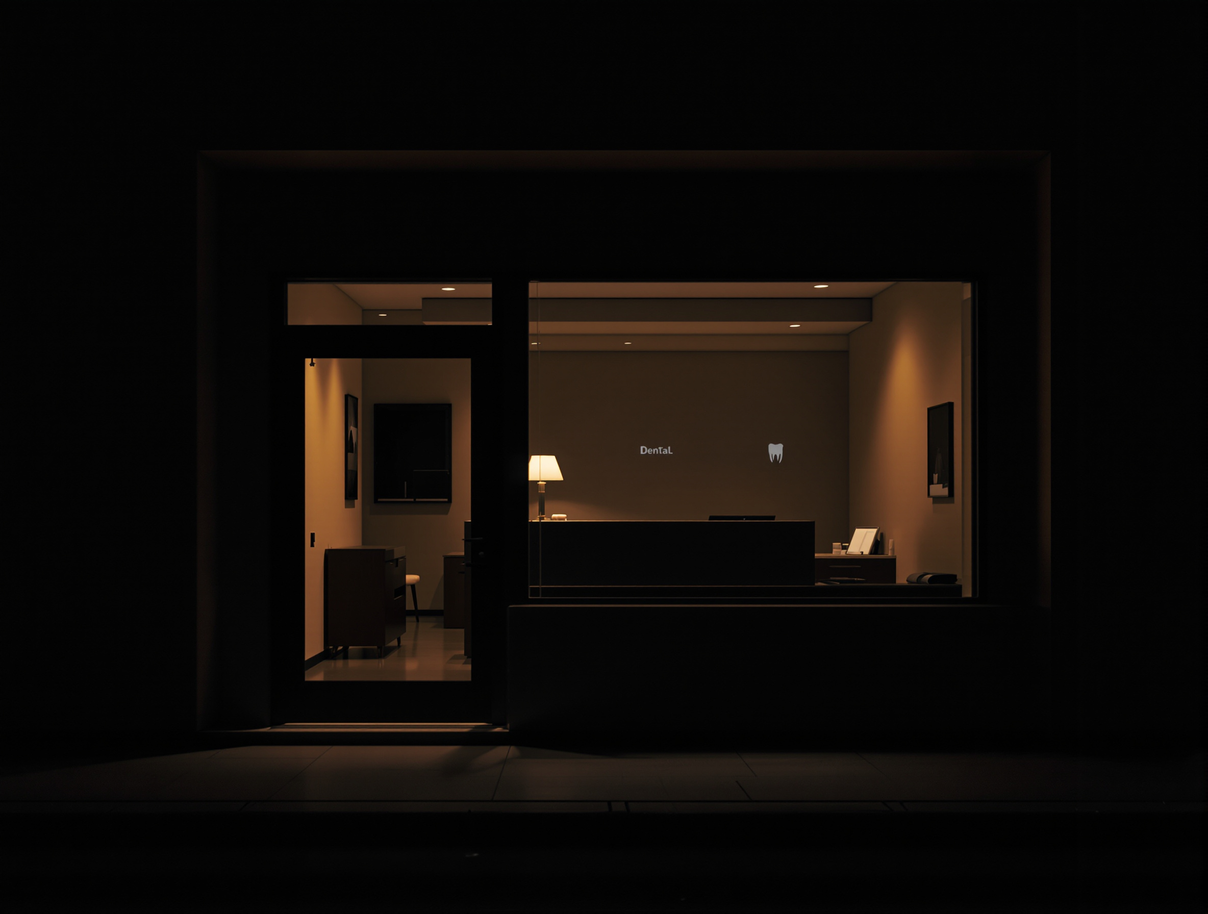 Night view of a dental practice entrance with warm window