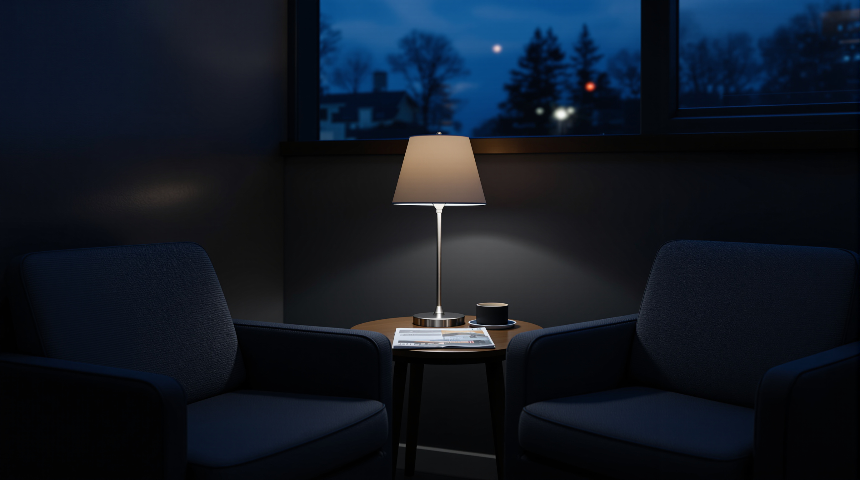 A modern dental office reception area with a warm lamp and empty chairs