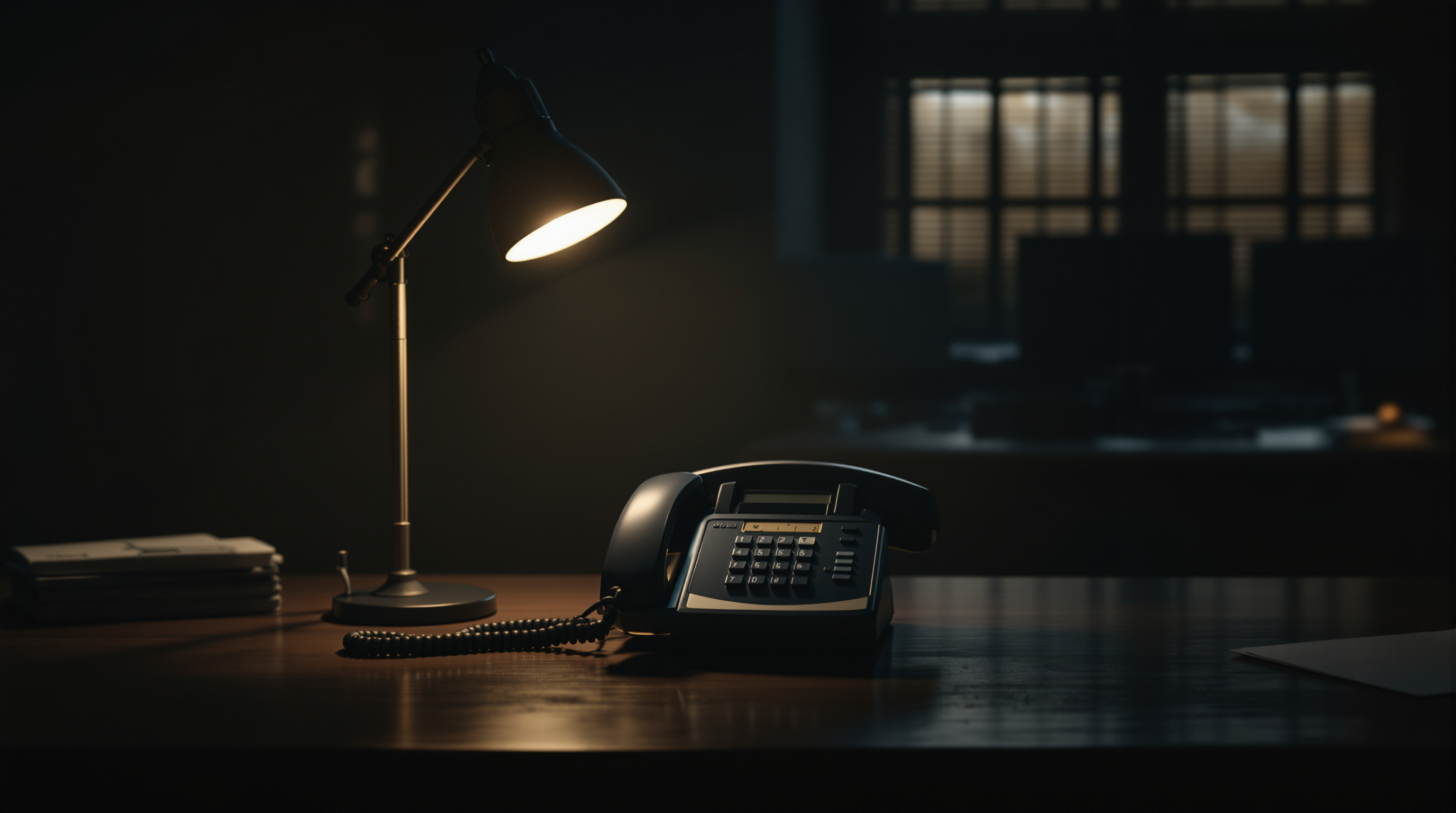 A quiet reception desk after hours with a single warm lamp on and a phone handset resting in its cradle