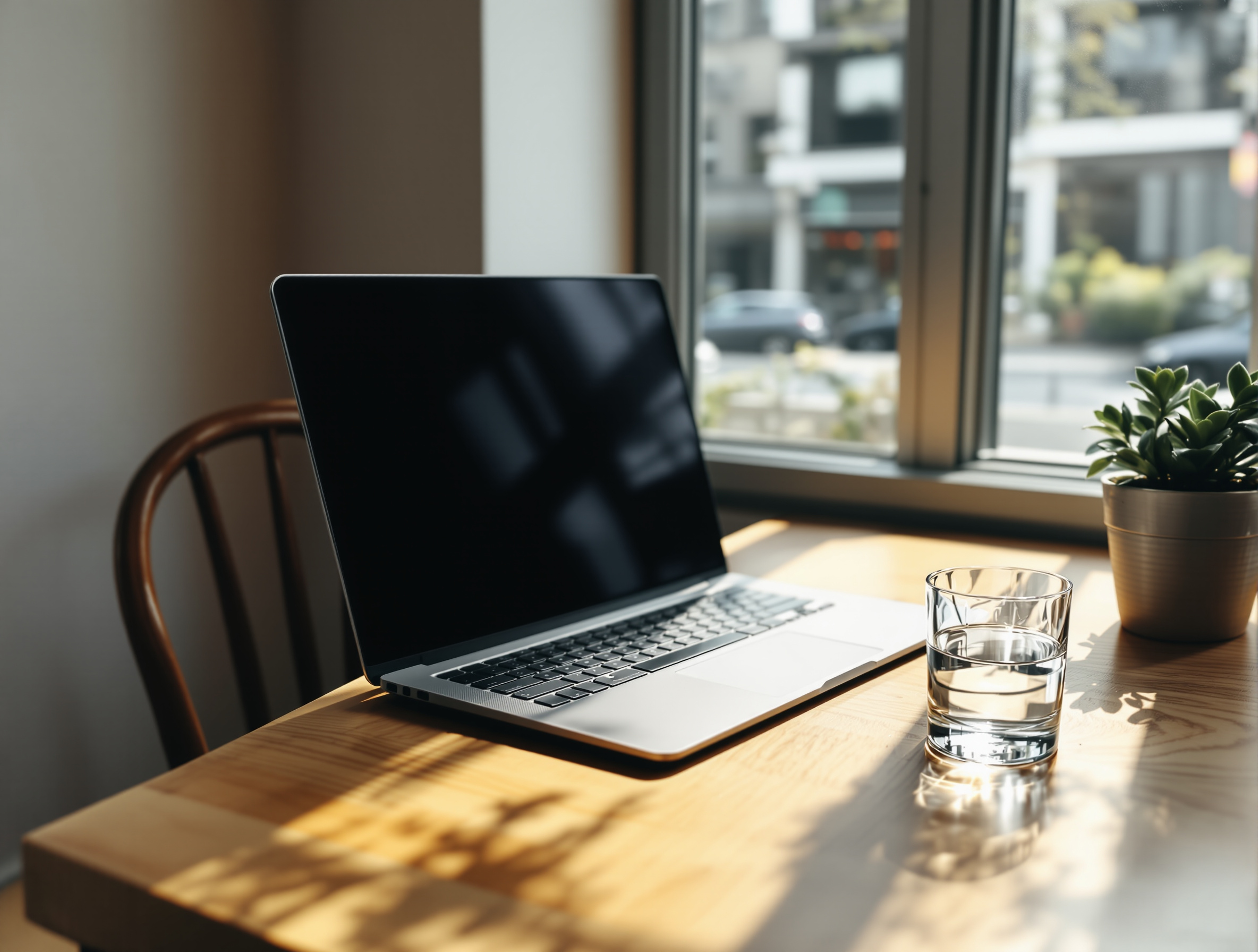 A laptop on a coffee shop table with a houseplant nearby