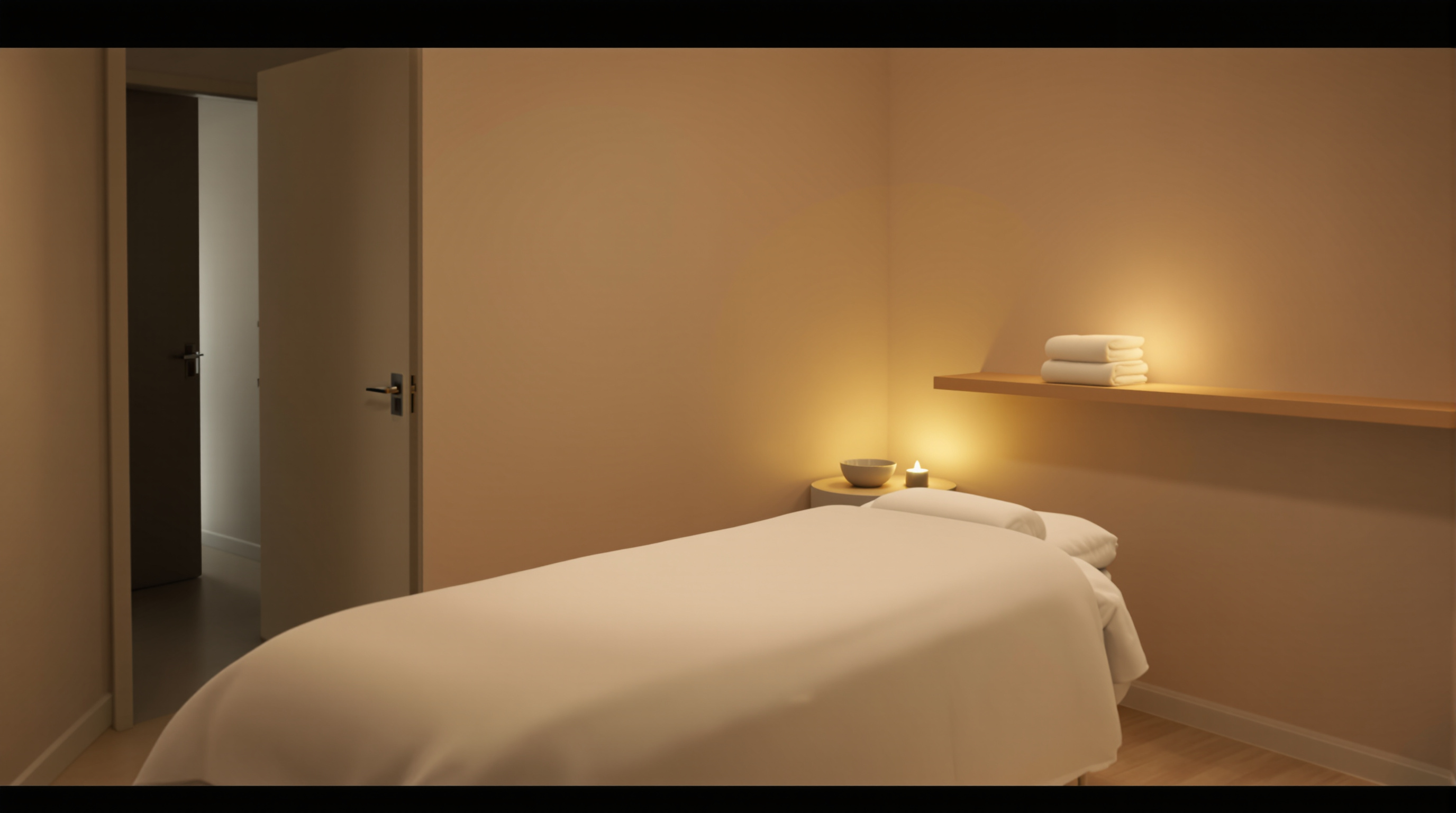 A bright treatment room with a reclined chair and a neatly folded towel