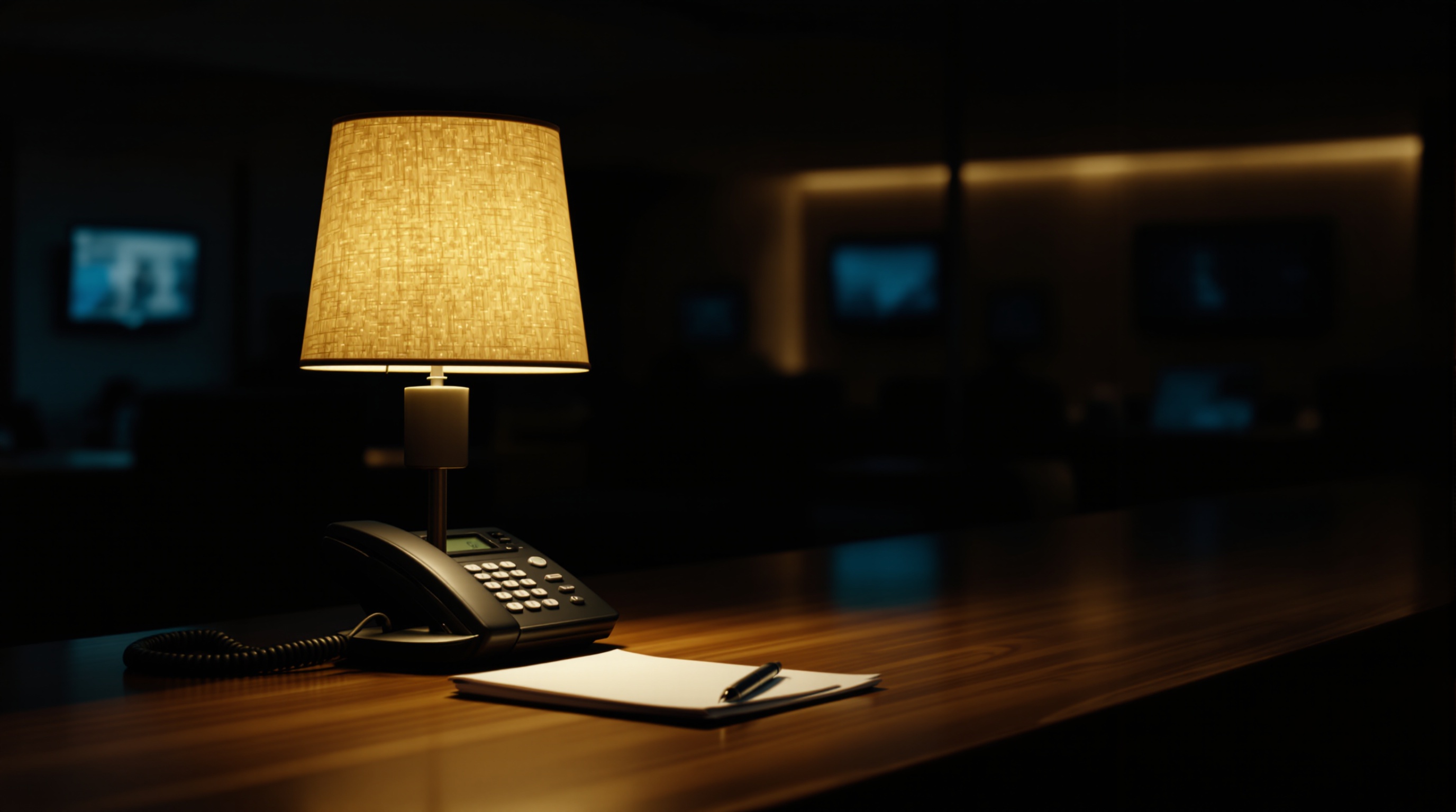 empty reception desk with warm lamp