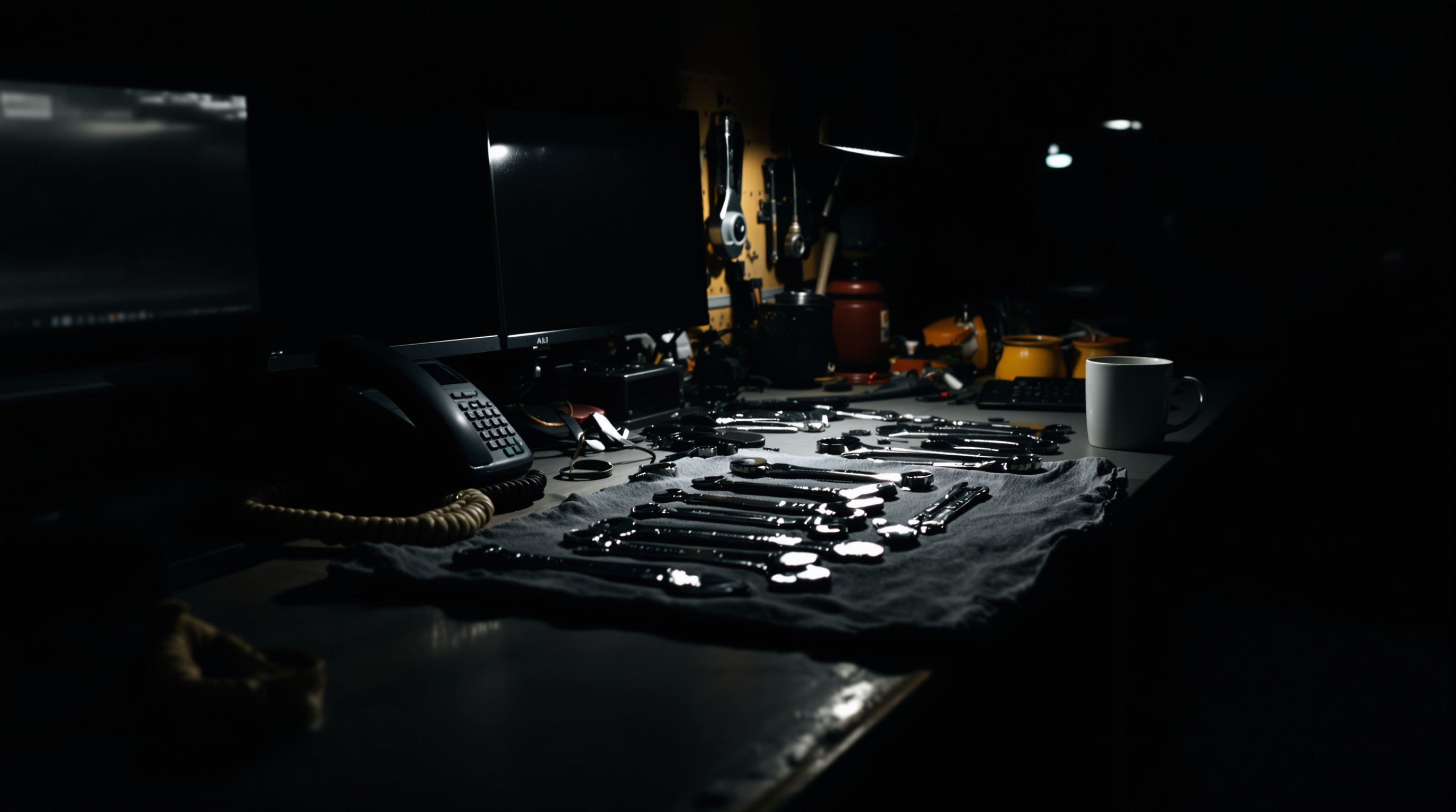 workbench with wrenches and phone at dusk