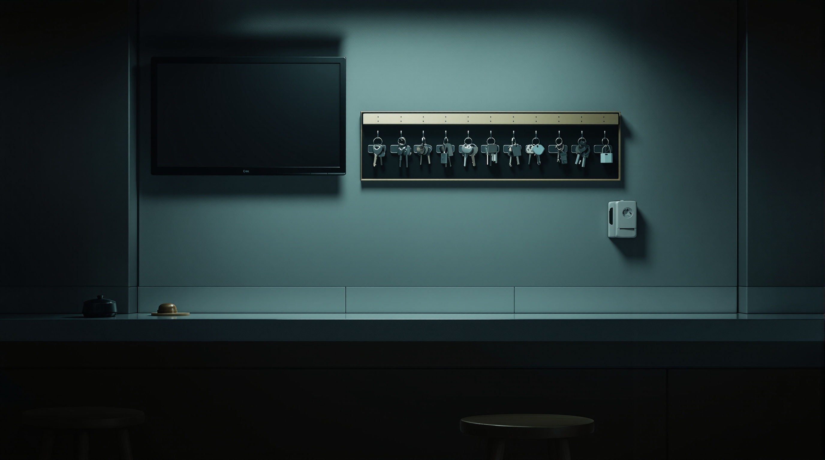 empty service counter with stools and keys