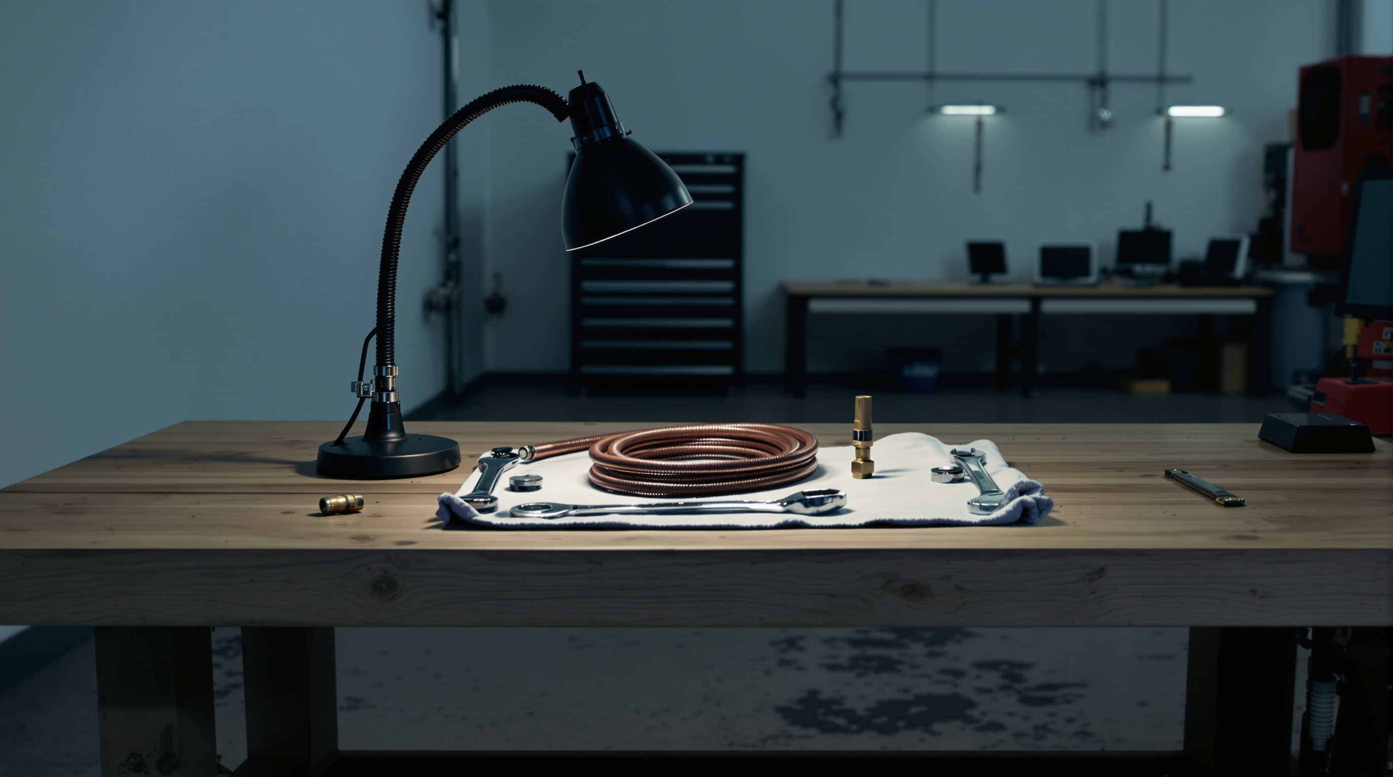 Workbench at night with wrenches and tools laid out