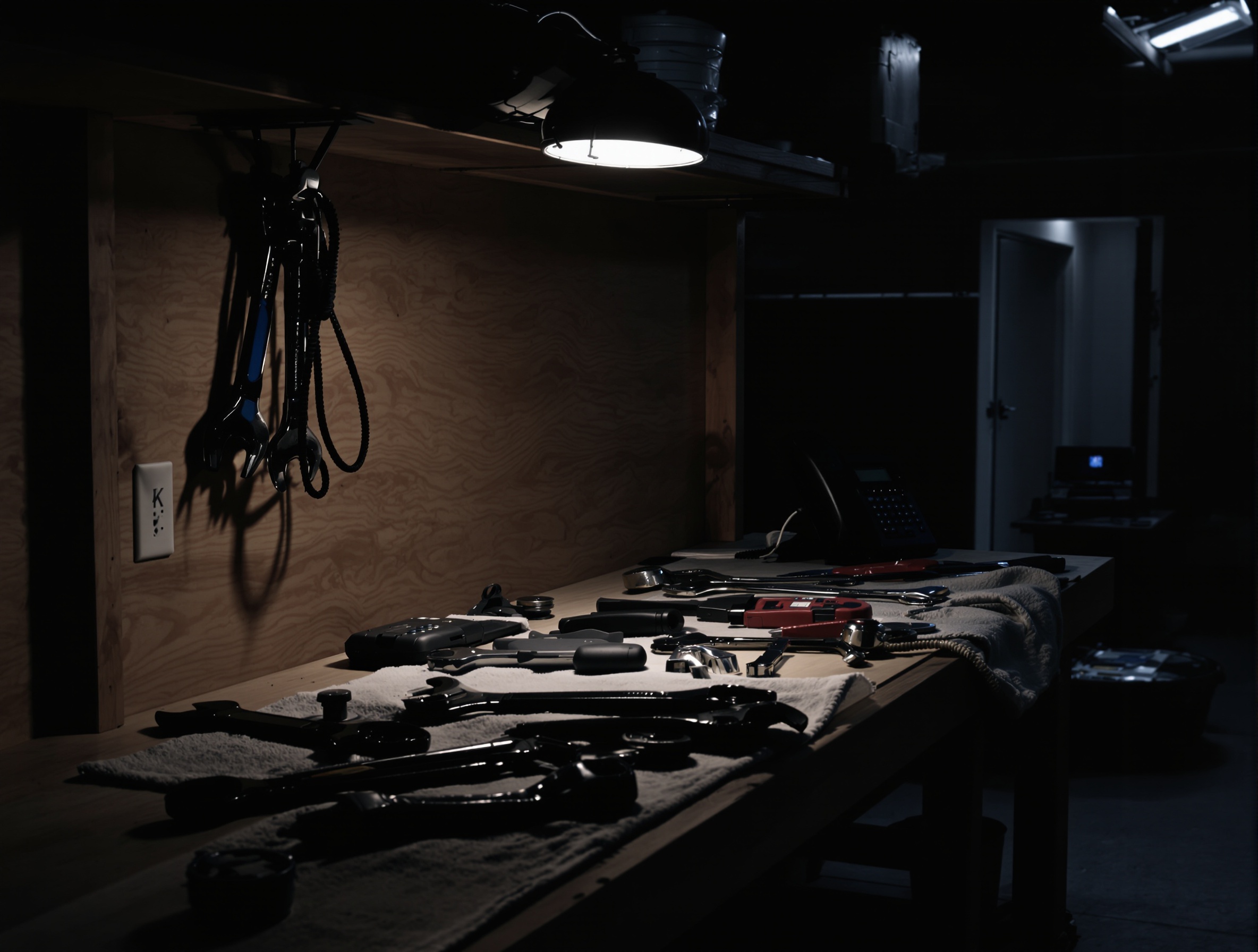 A workbench at night with wrenches laid out and a desk phone at the edge