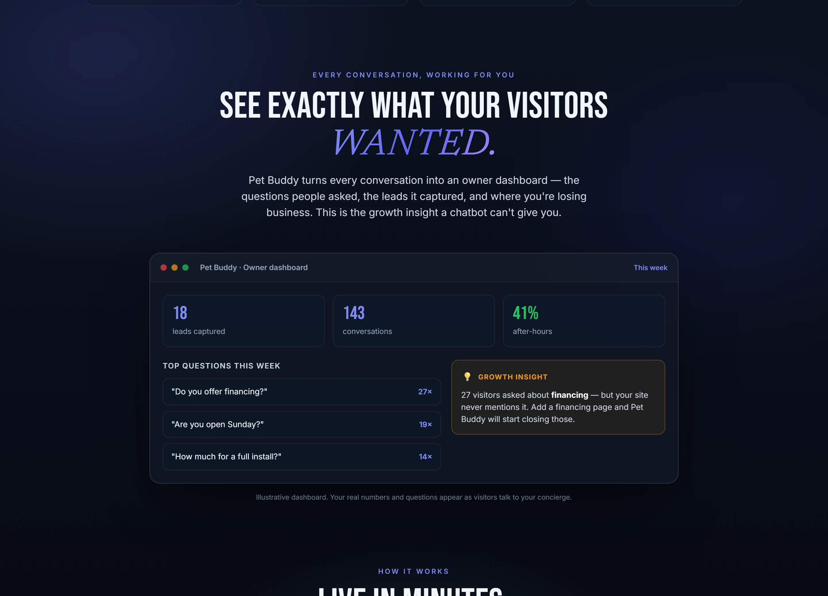 The Pet Buddy owner dashboard showing what visitors actually asked for